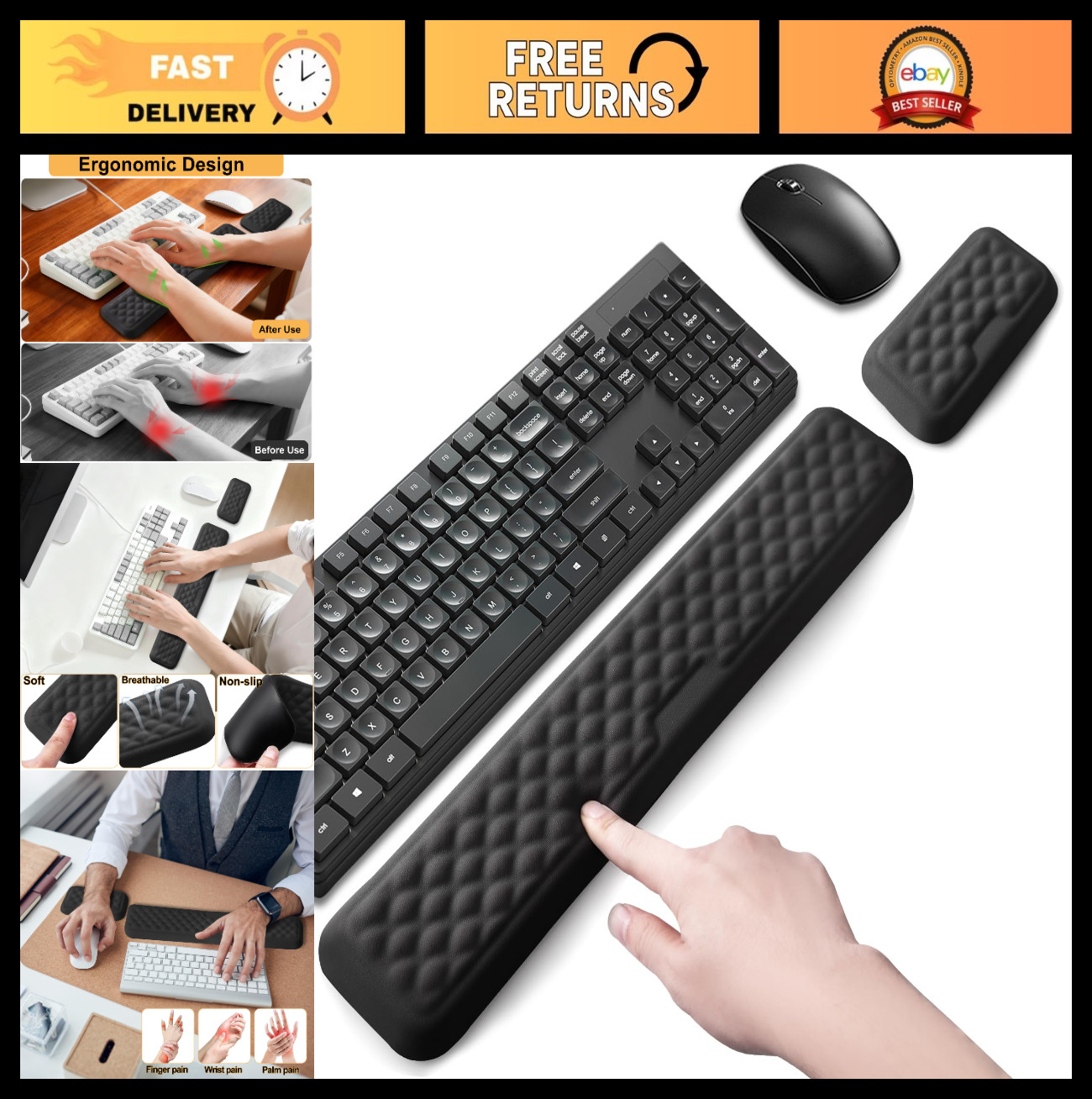 Ergonomic Memory Foam Wrist Rest Pad for Keyboard & Mouse, Pain Relief Cushion,