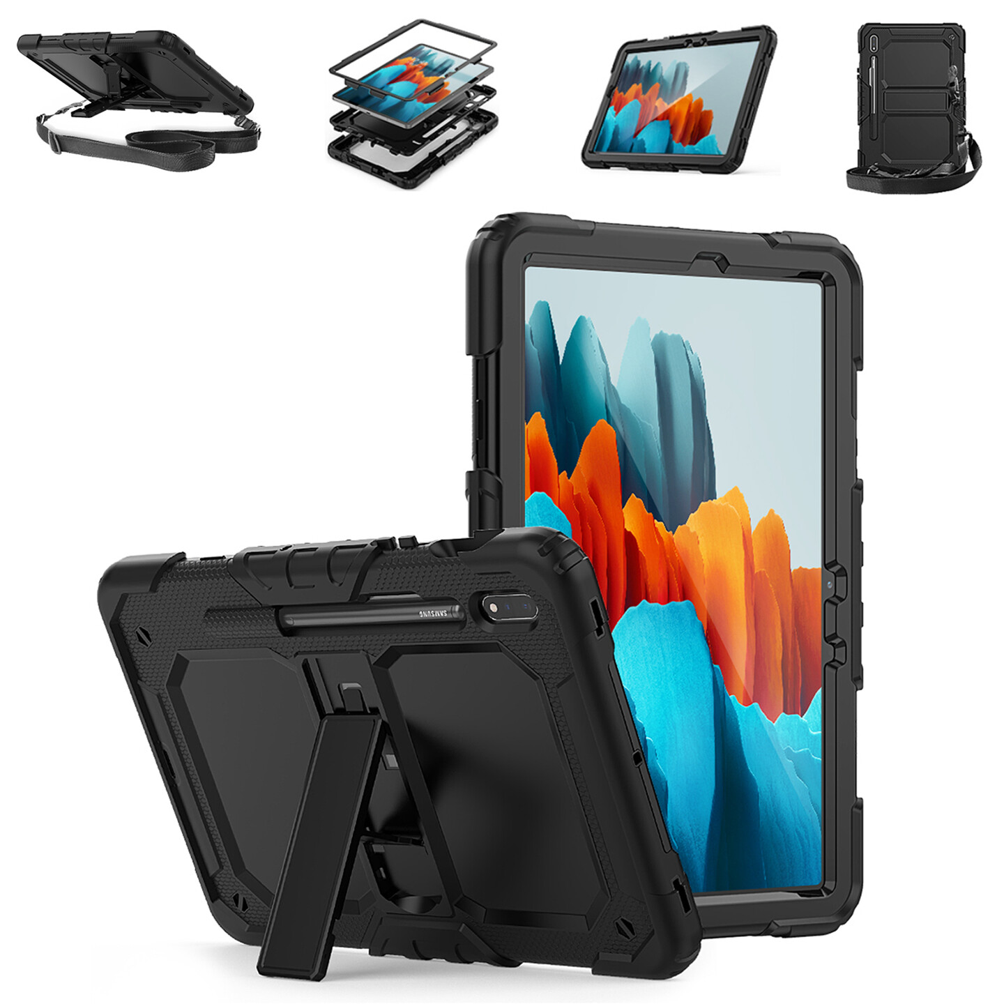 For Samsung Galaxy Tab S7, Rugged Case, Screen cover, shoulder strap, kickstand