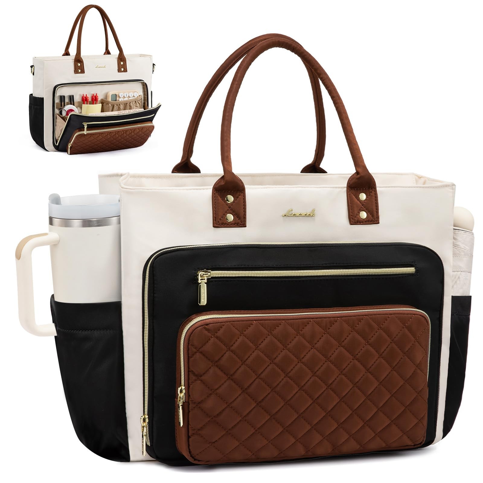 Teacher Tote Bag for Women Work, Laptop 15.6 Inch, Black-beige-brown