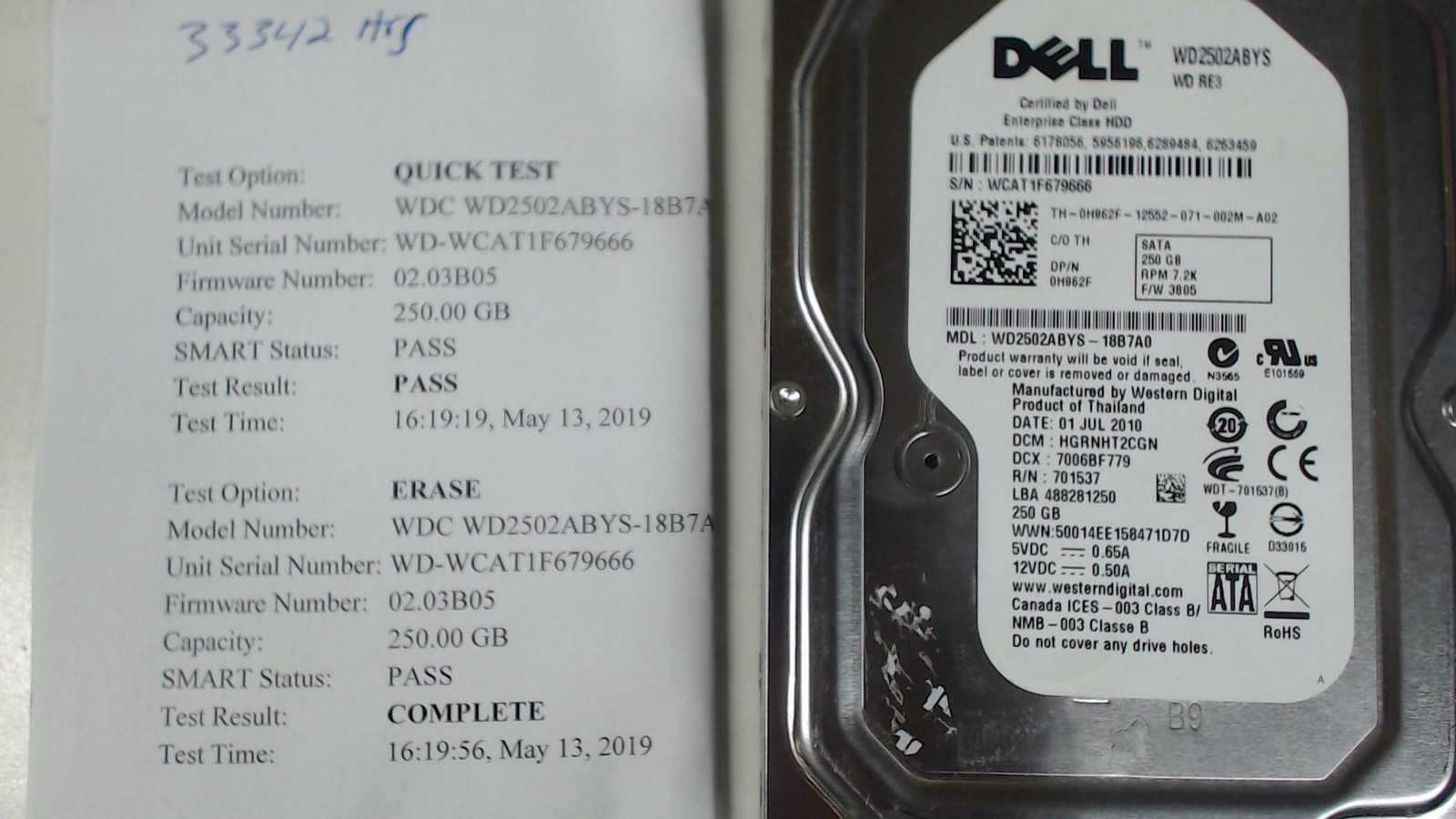 H962F 0H962F WD2502ABYS DELL 250GB 7.2K LFF 3.5'' SATA HDD HARD DRIVE