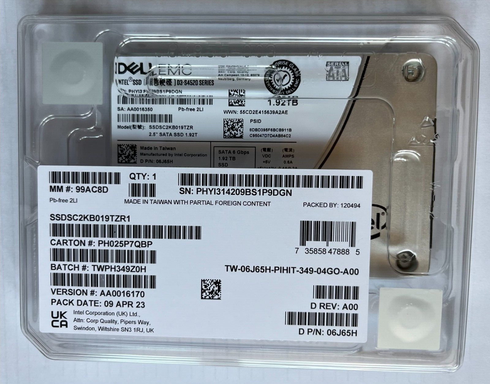 6J65H DELL 1.92TB 6Gbps SATA INTEL D3-S4520  SSDSC2KB019TZR RTLC 3.5 SSD 06J65H