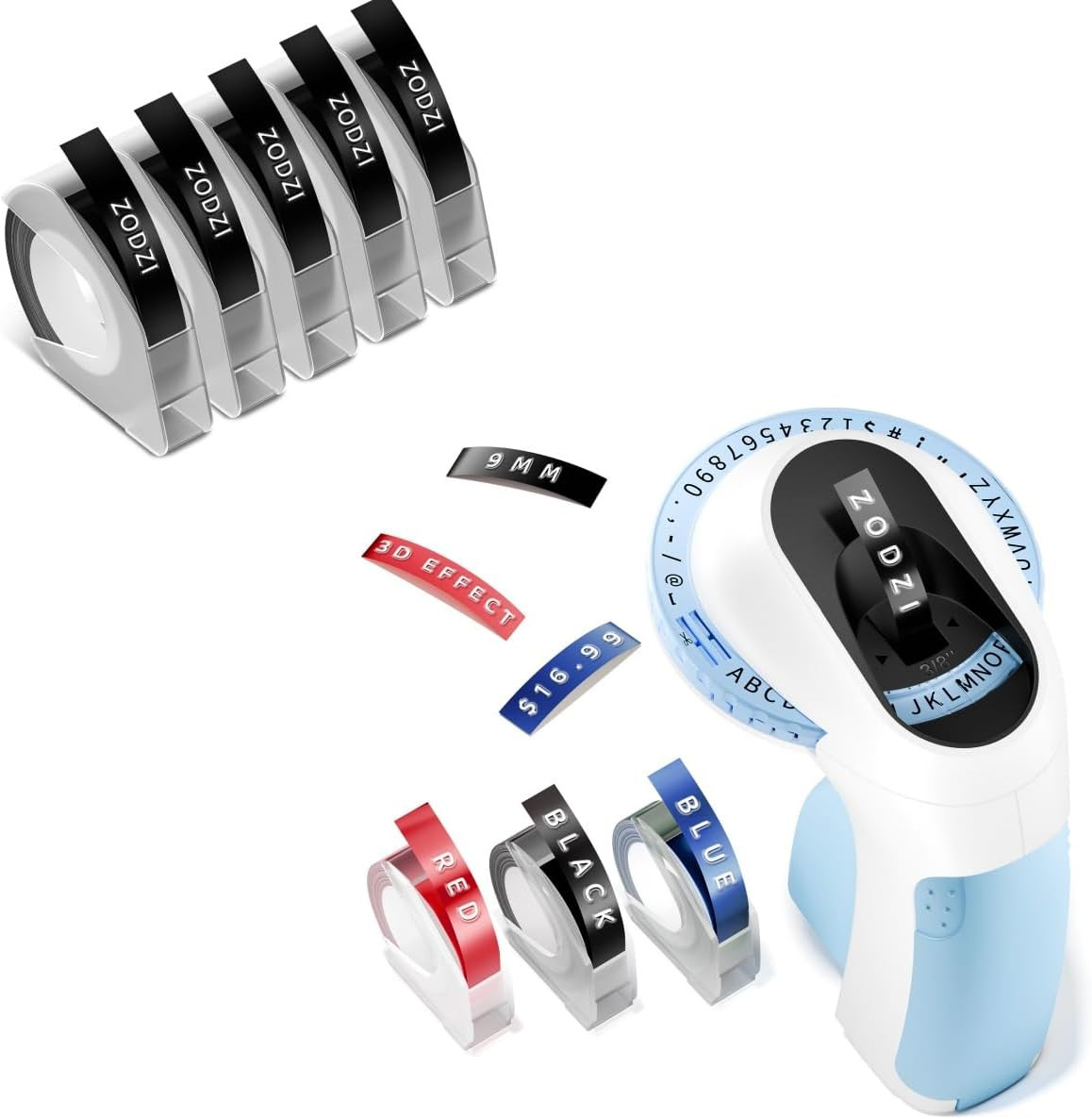 Blue Embossing Label Maker Machine with 8 Rolls Multi-Color 3D Label Tapes