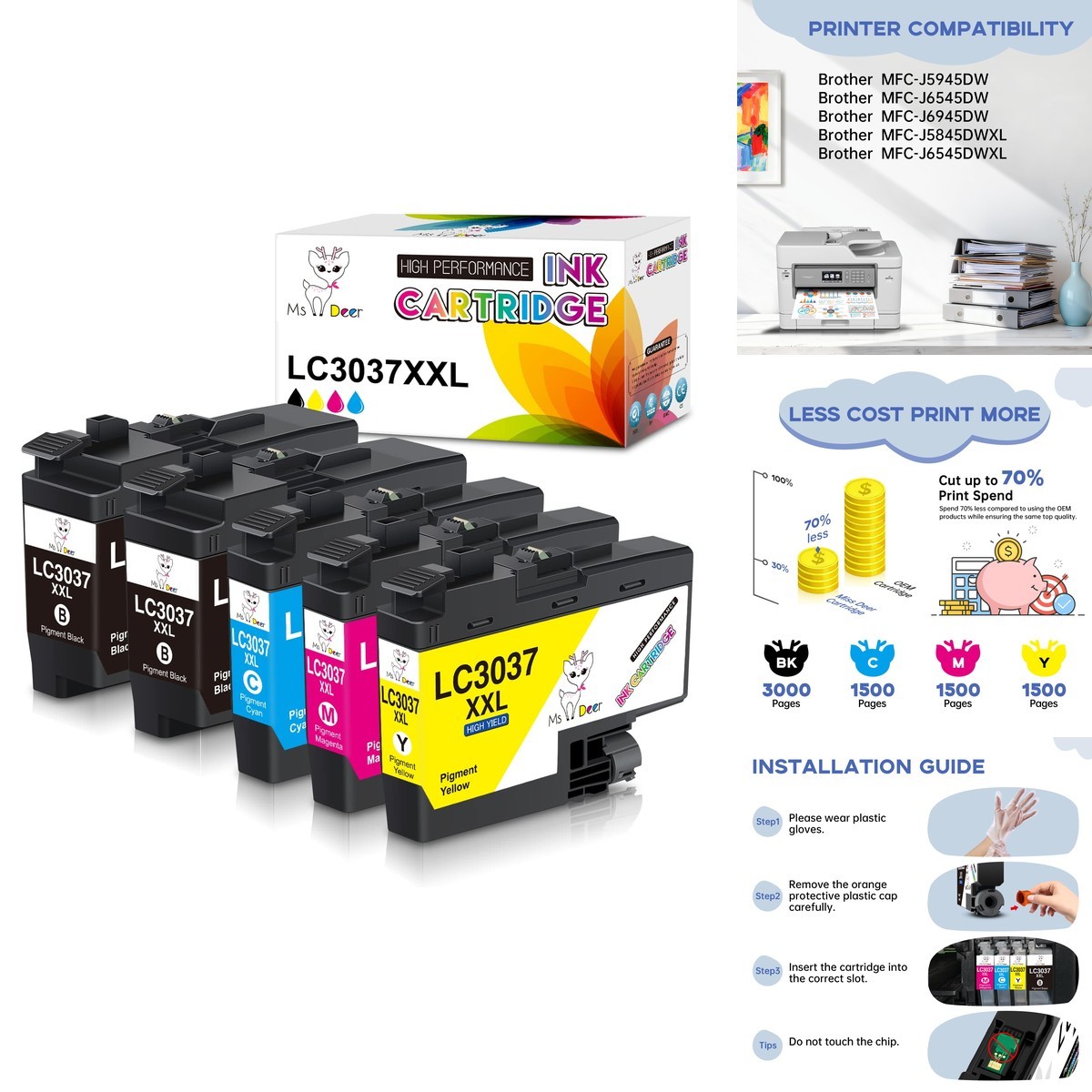 Miss Deer LC3037 Ink Cartridges BK/C/M/Y High Yield 5 Pack