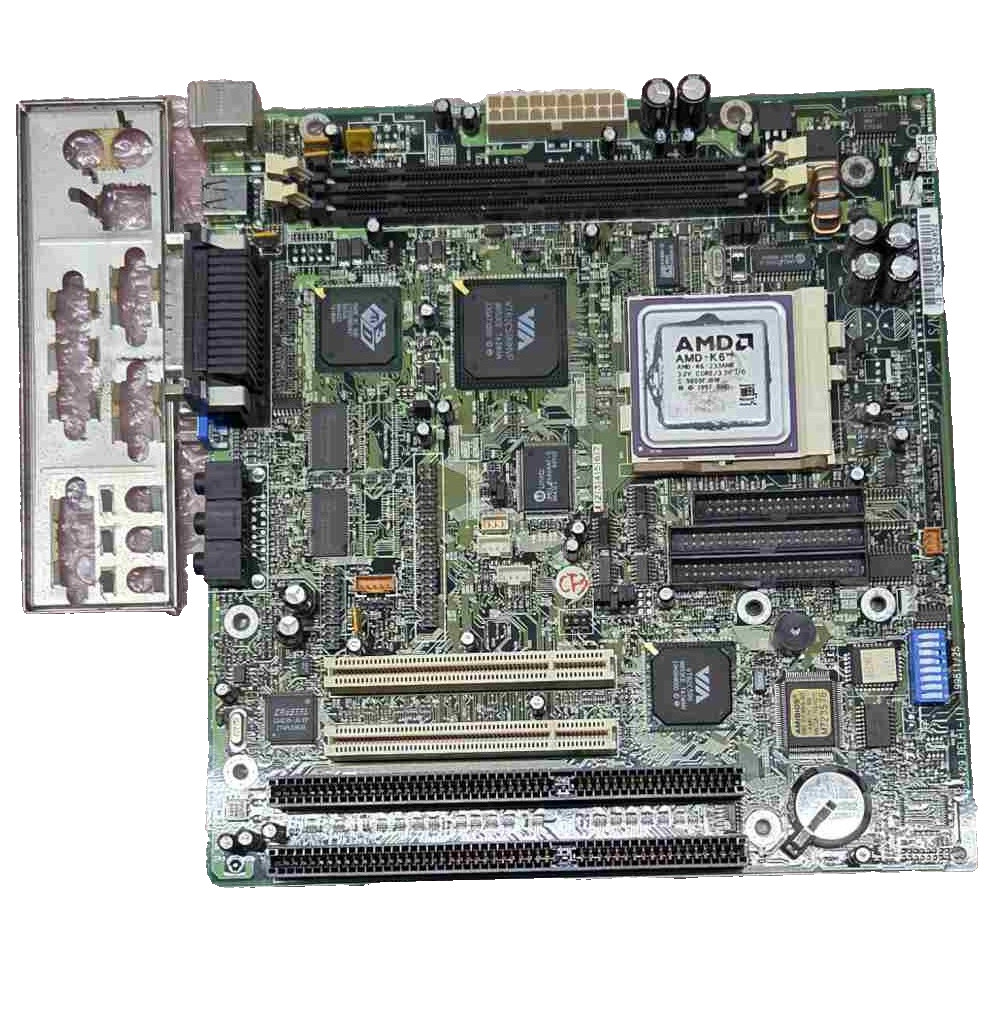 Trigem/eMachines 586-0429 Delhi III uATX motherboard AMD K6 233 CPU & I/O shield