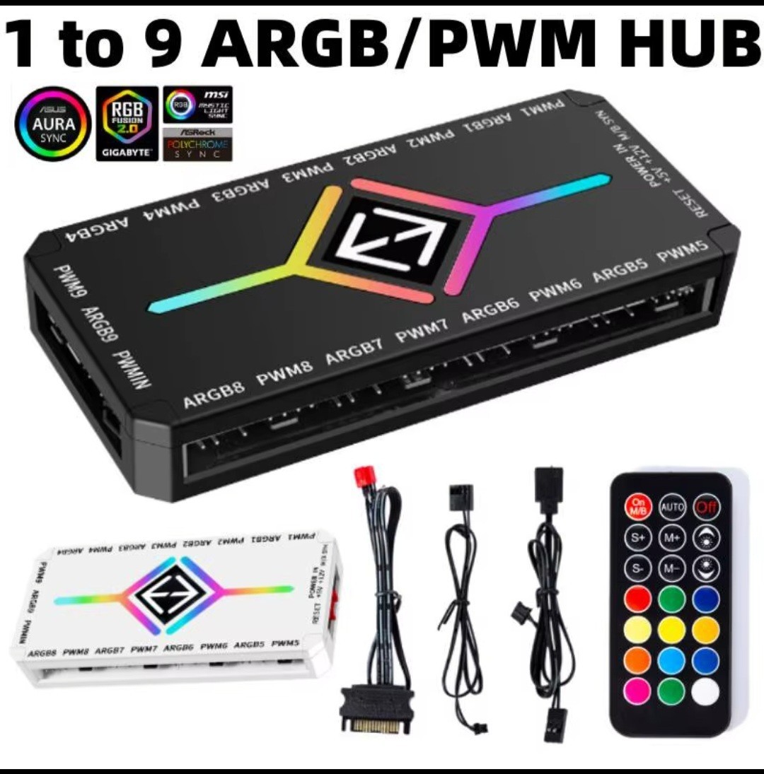 ARGB PWM Fan Hub Controller 1-to-9 Port 5V 3-Pin SATA Powered With Remote. Black