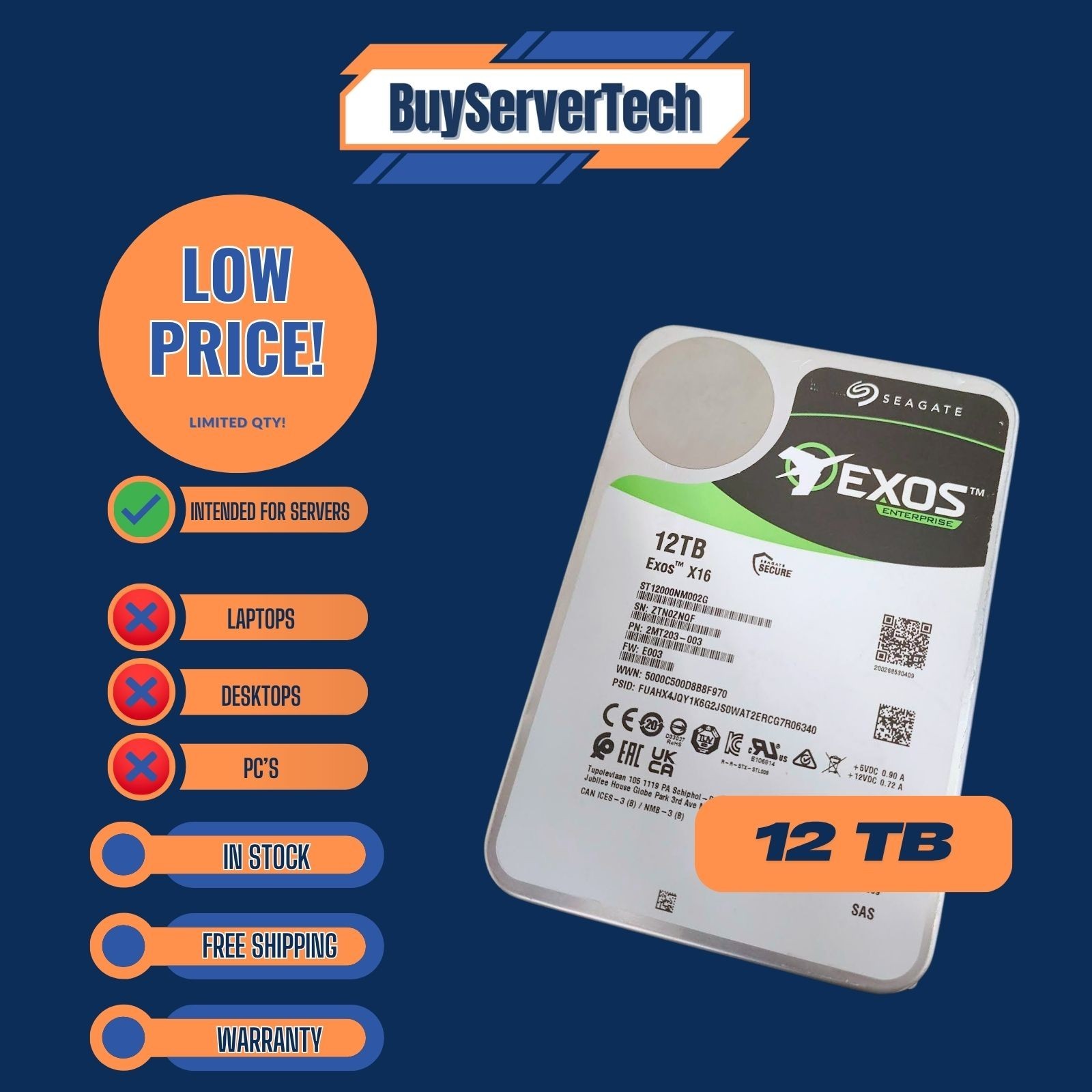SEAGATE 12TB EXOS X16 512E SAS HDD ST12000NM002G 3.5 HDD