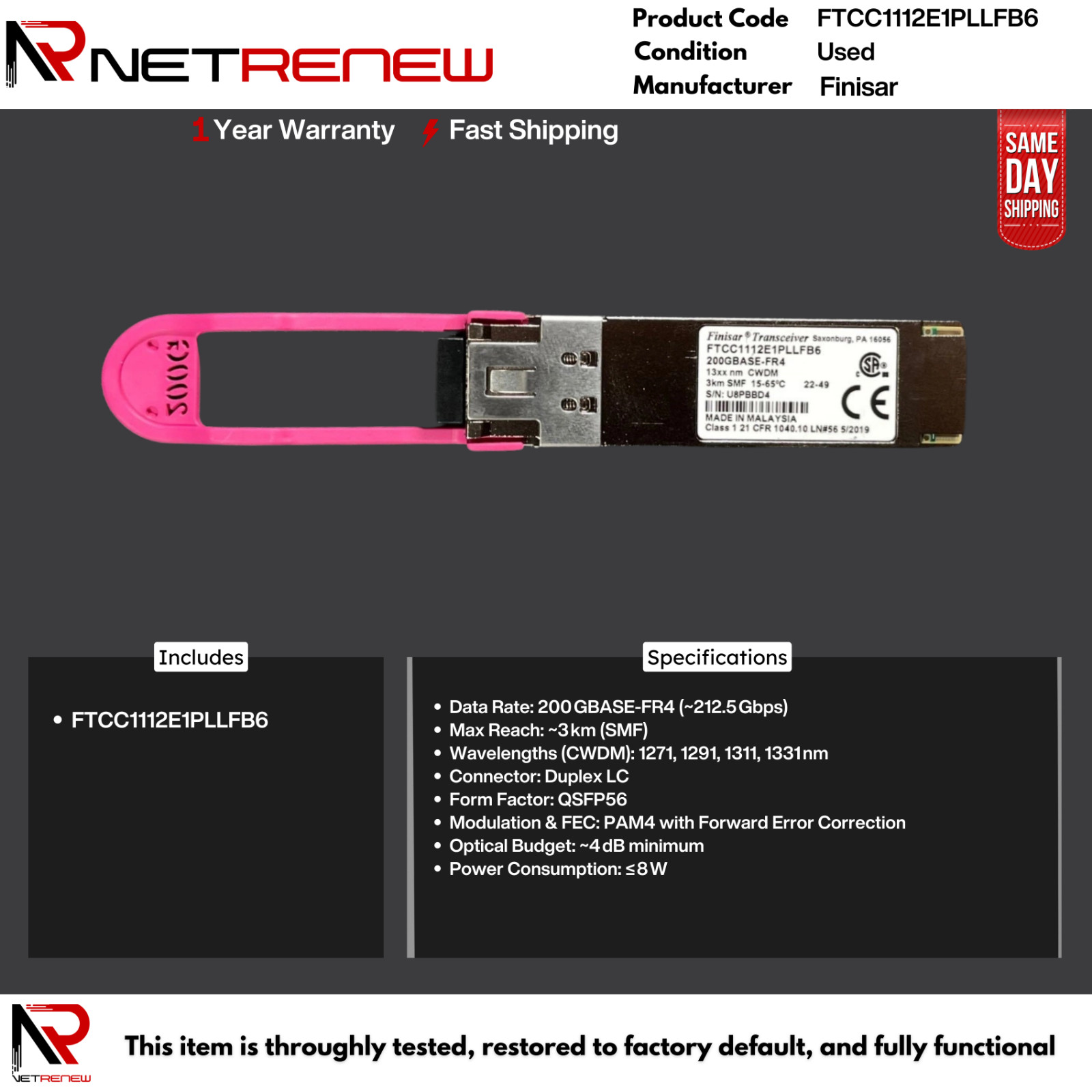 FTCC1112E1PLLFB6  Finisar 200GBase‑LR4 QSFP56 2km 1310nm CWDM Transceiver