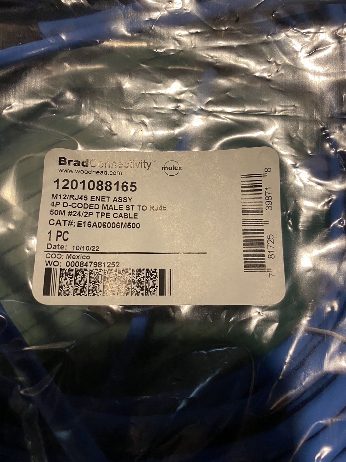 Molex Brad Connectivity Woodhead 1201088165 50m Cable 4 Pin To RJ45