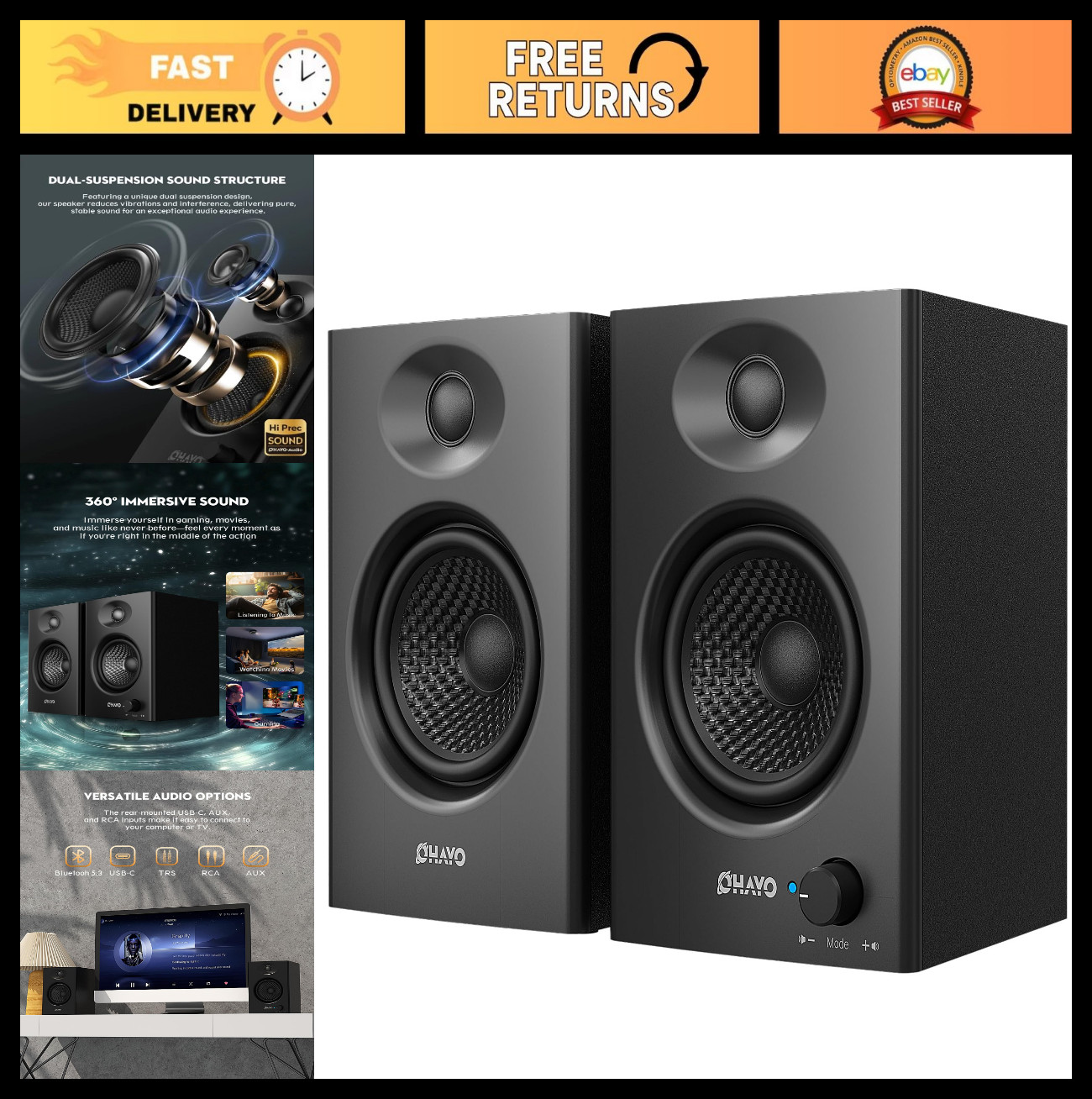 60W Bluetooth 5.3 Computer Speakers - Stereo 2.0 for Music & Gaming, USB/Aux Inp