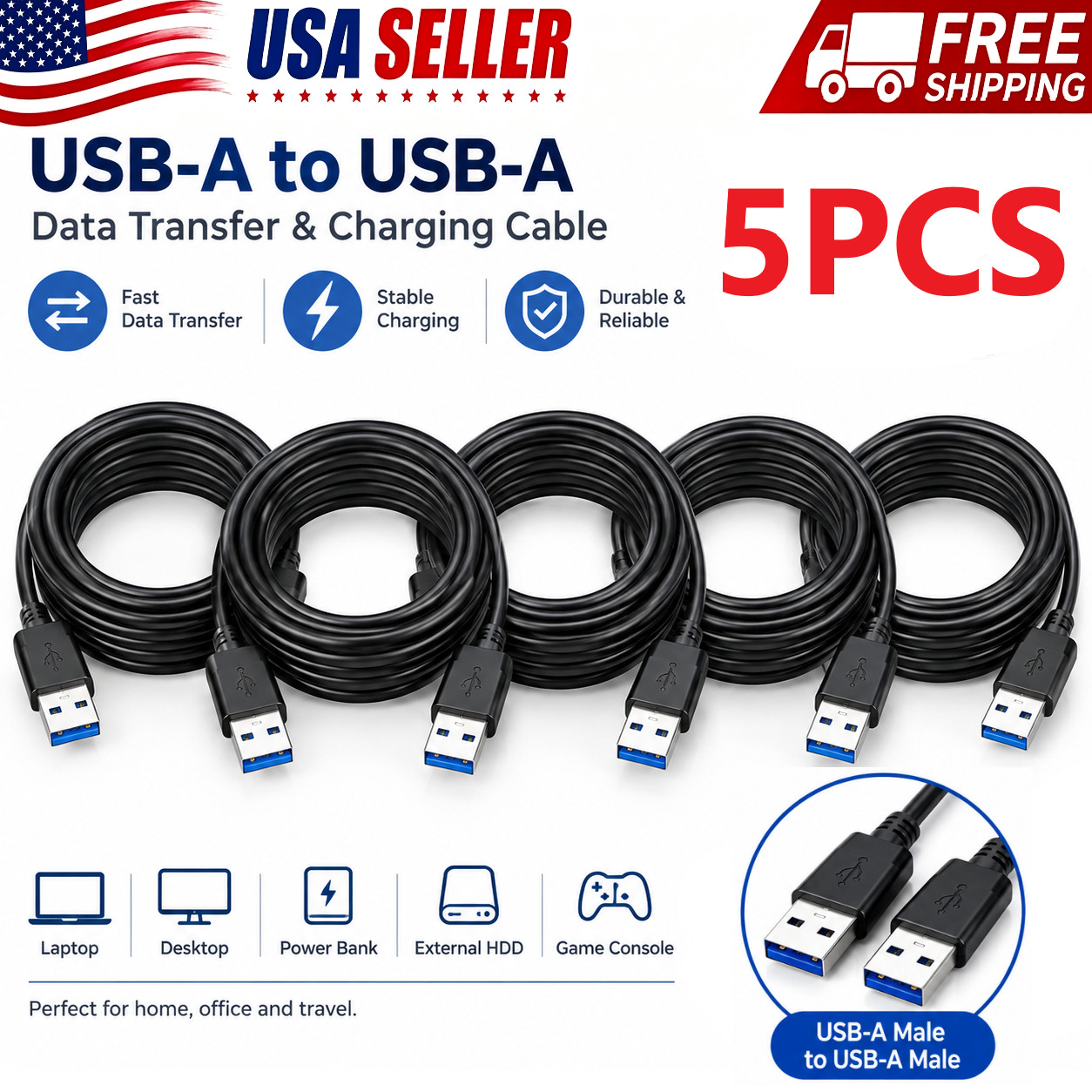 5x USB 3.0 A Male to A Male Cable Data Transfer Super Speed Power Charger Metal