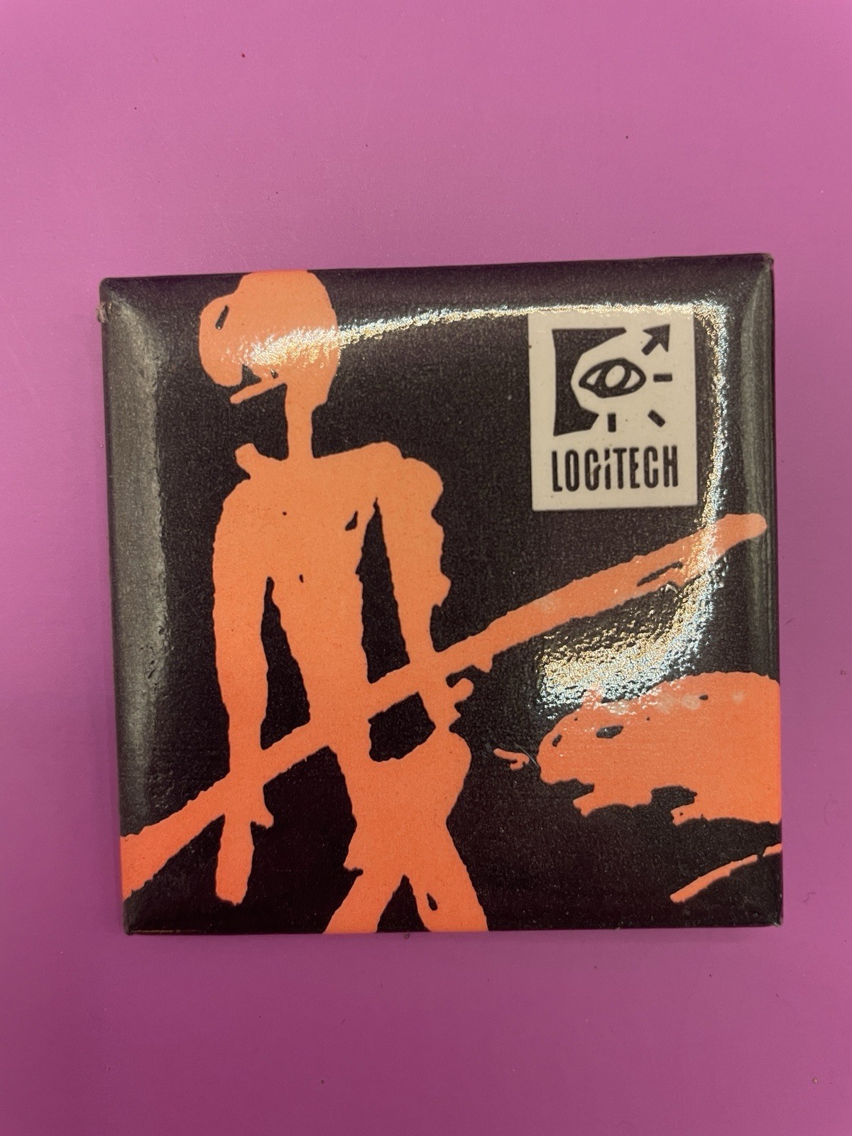 Vintage 90s Logitech Tech Promo Square Pin Button Graphic Art 2.25 Inch