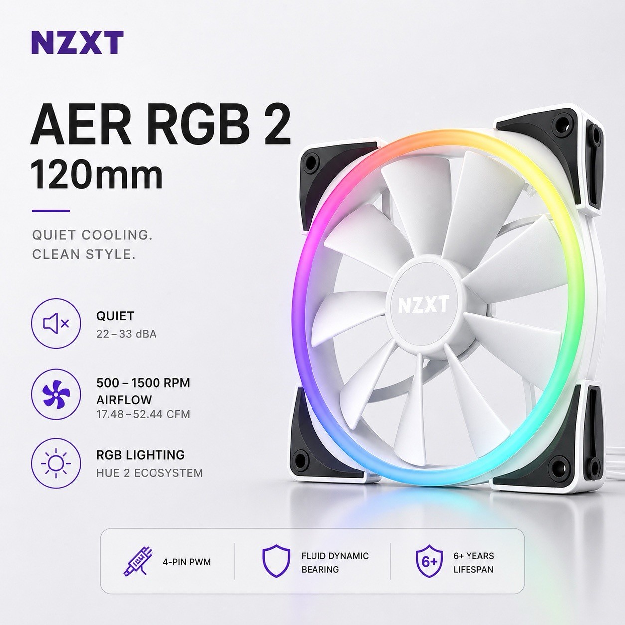 NZXT AER RGB 2 RGB Fluid Dynamic Bearing PWM 120mm Fan (White) | Ships from USA
