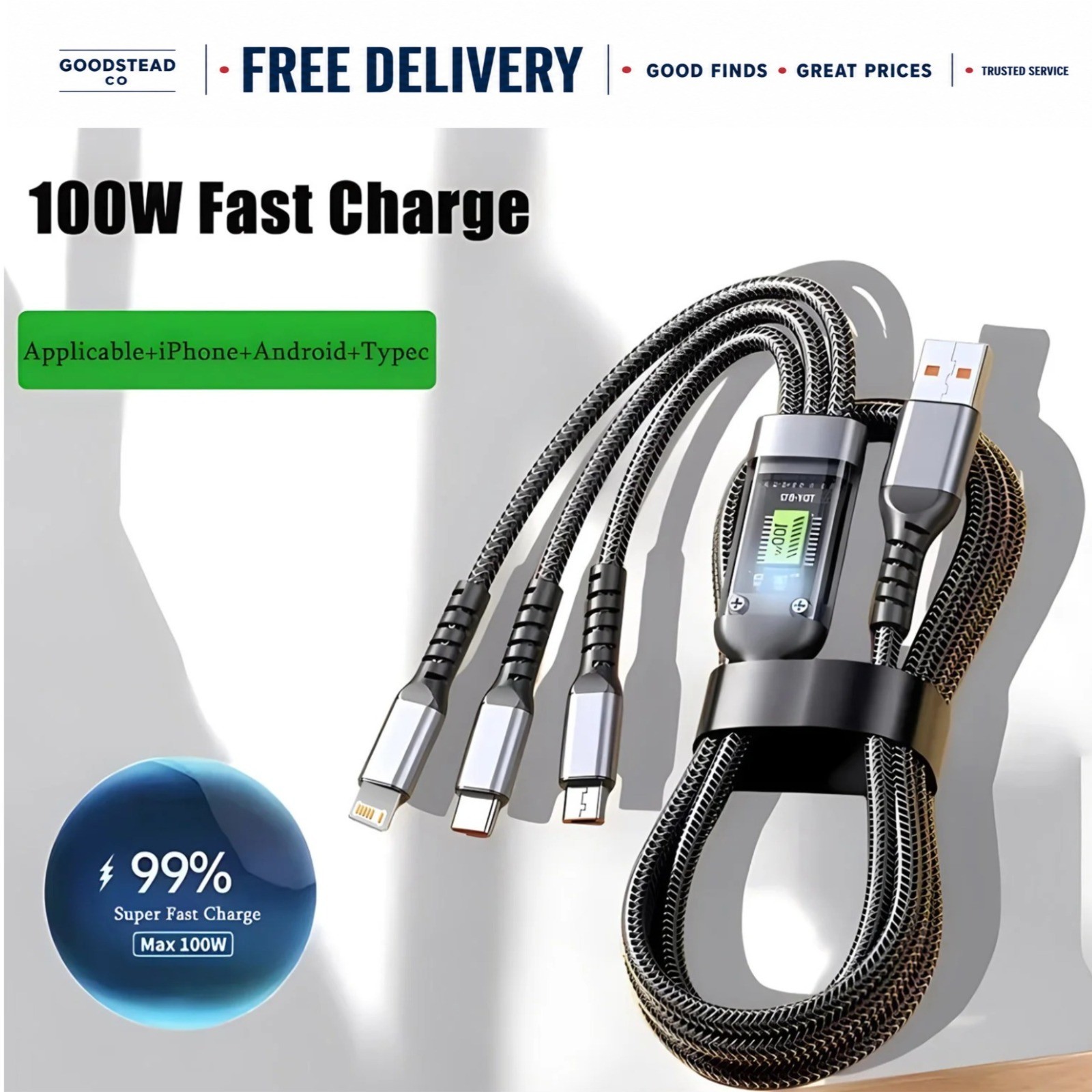 100W USB C Fast Charging Cable 3 in 1 Multi Charger Cord Nylon Braided Type-C