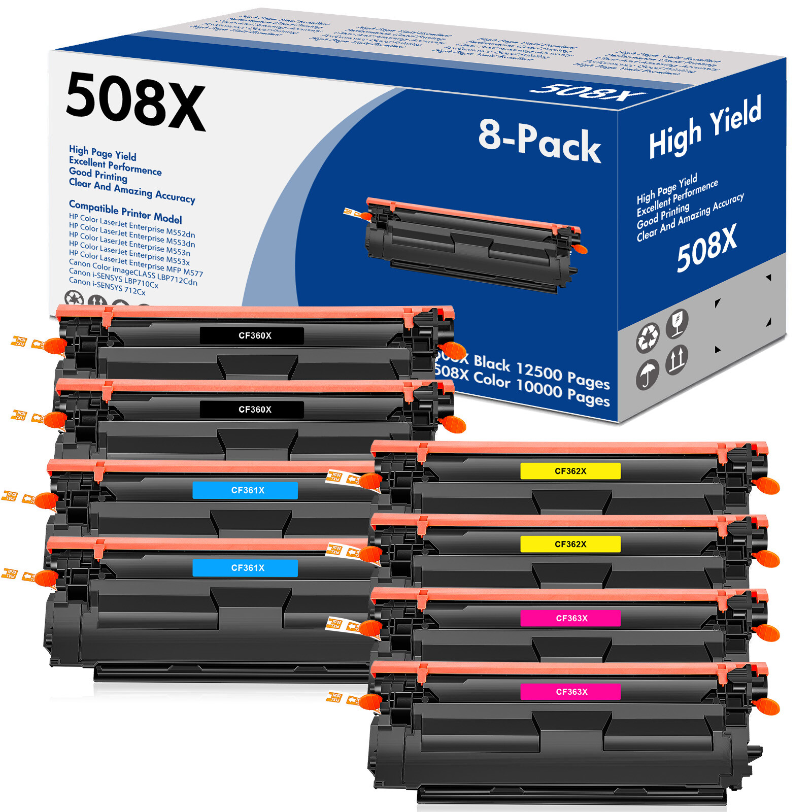 8PK Toner Compatible with HP CF360X 508X Color LaserJet MFP M553n/x M553dh/Z/F/C
