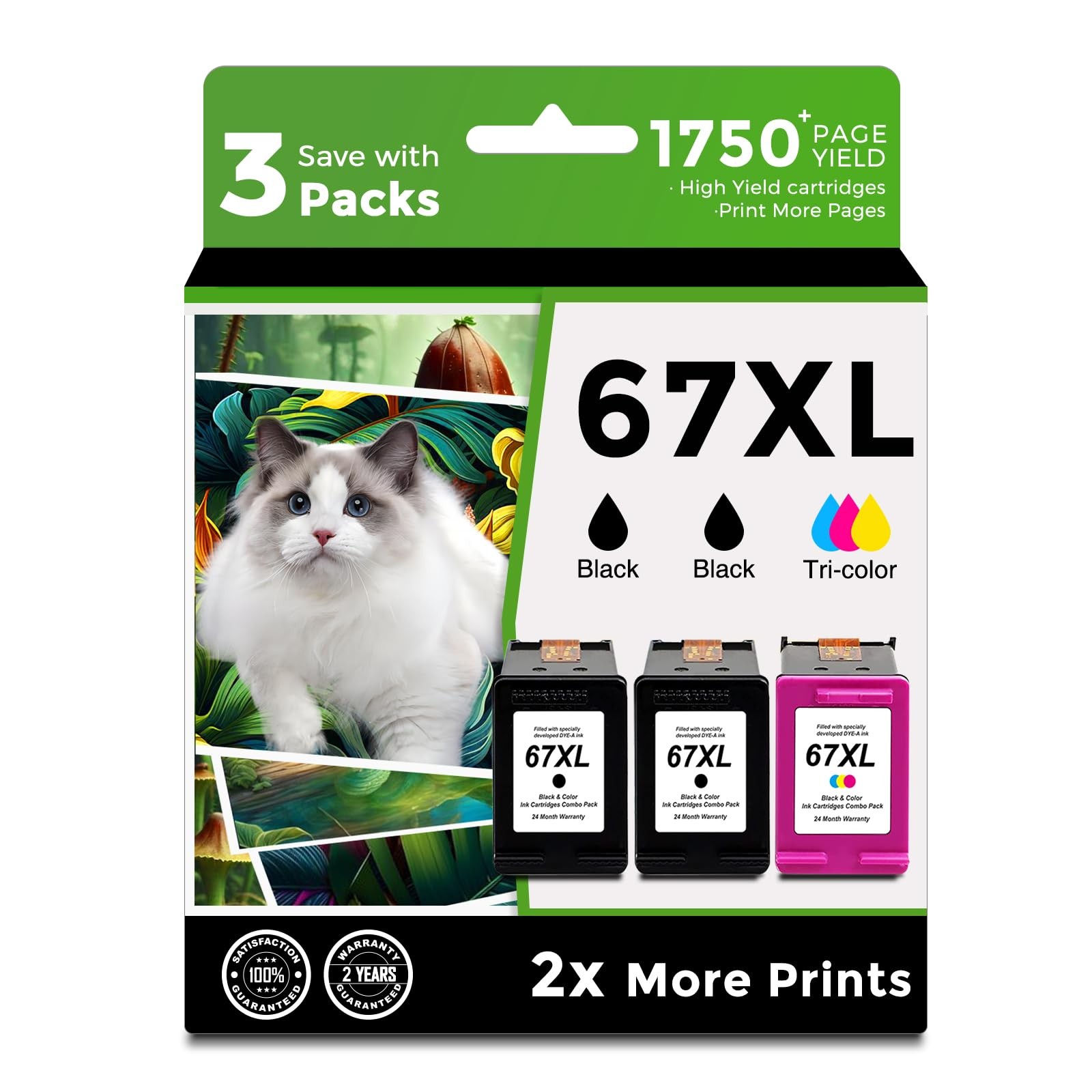 67XL Ink Cartridges for HP 67 XL Black Color Combo 3-Pack Replacement for HP6...
