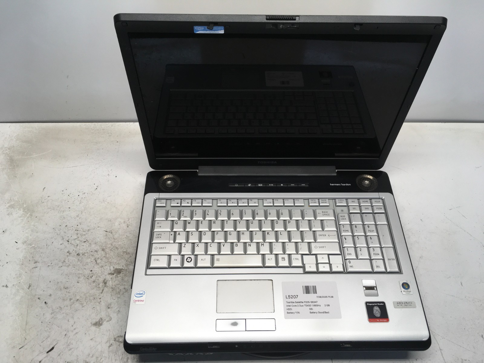 Toshiba Satellite P205-S6347 Intel Core 2 Duo T5450 1.66GHz 2 GB NO HDD