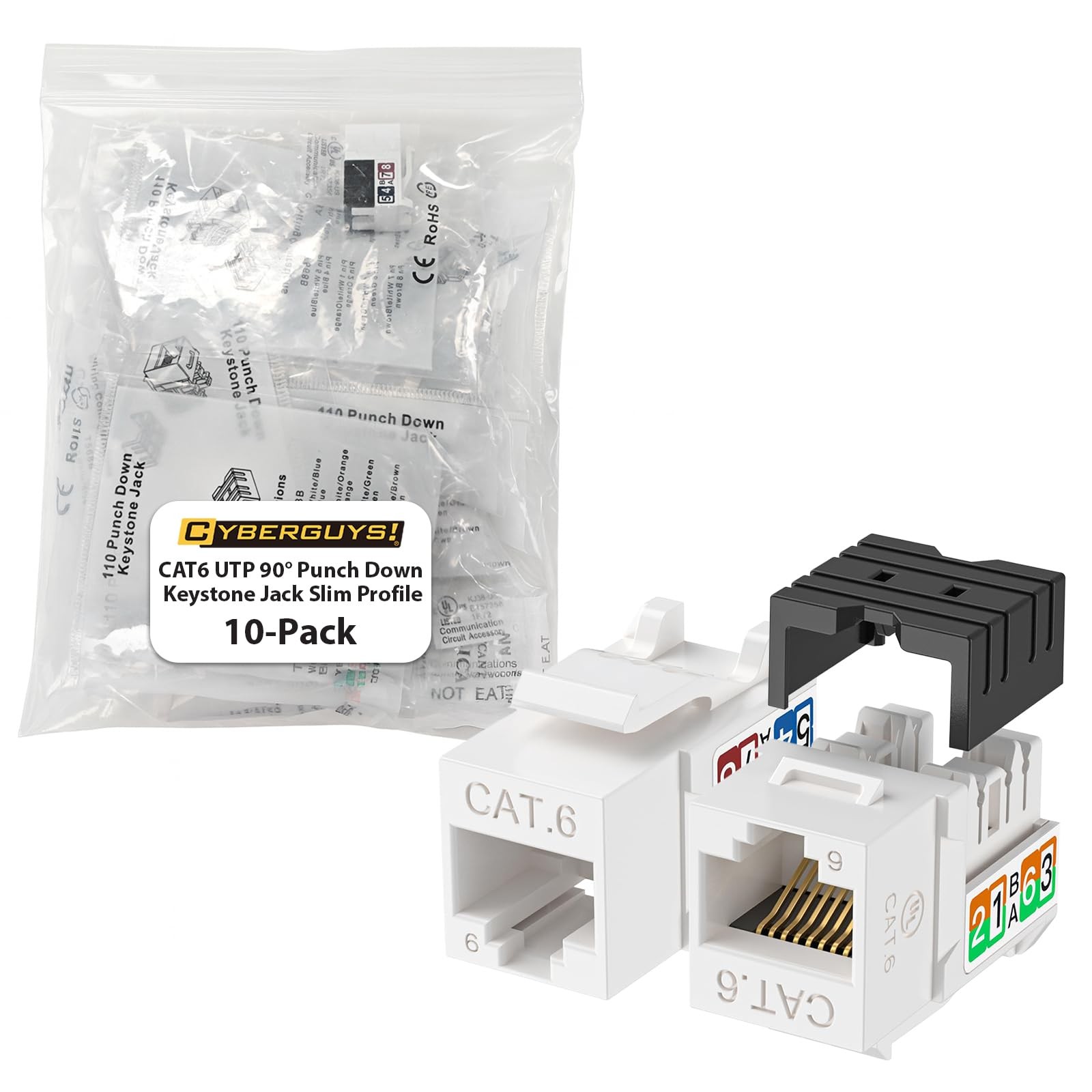 10 PCS 90 Degree Cat6 Keystone Jacks 10Gbps RJ45 Connectors Angled Adapter
