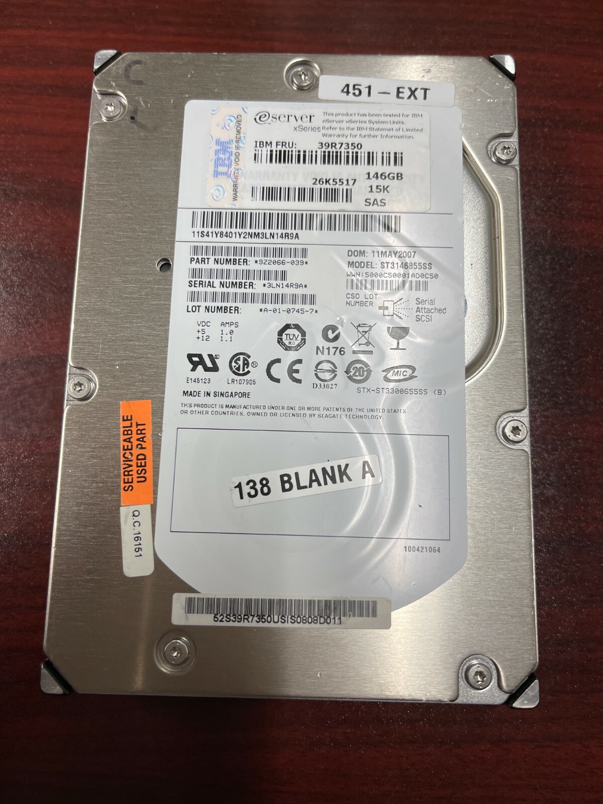 IBM 39R7350 Seagate Cheetah 15K.5 ST3146855SS 3.5" 146GB 15K SAS Hard Drive