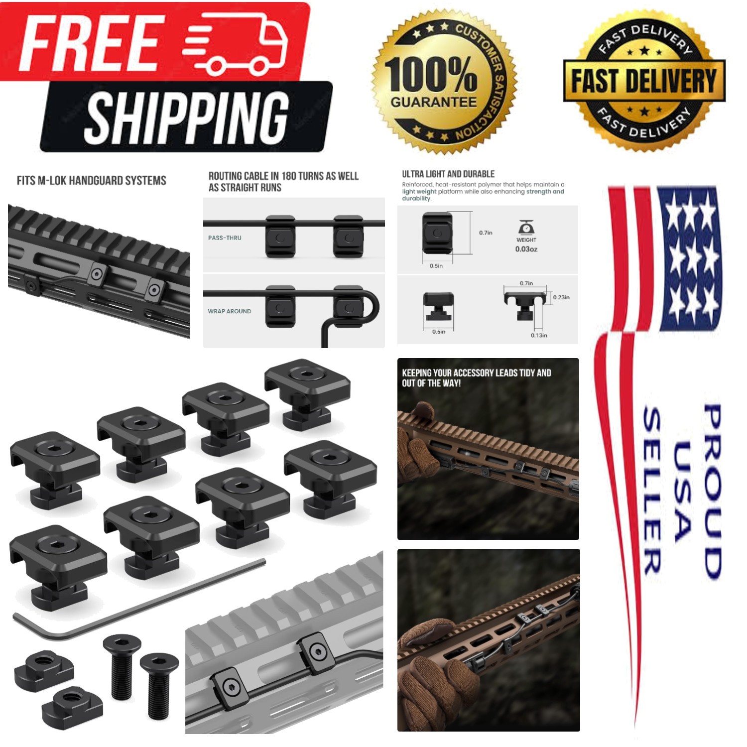 Durable M-LOK Compatible Cable Guides - 8 Pack Tactical Wire Management Clips