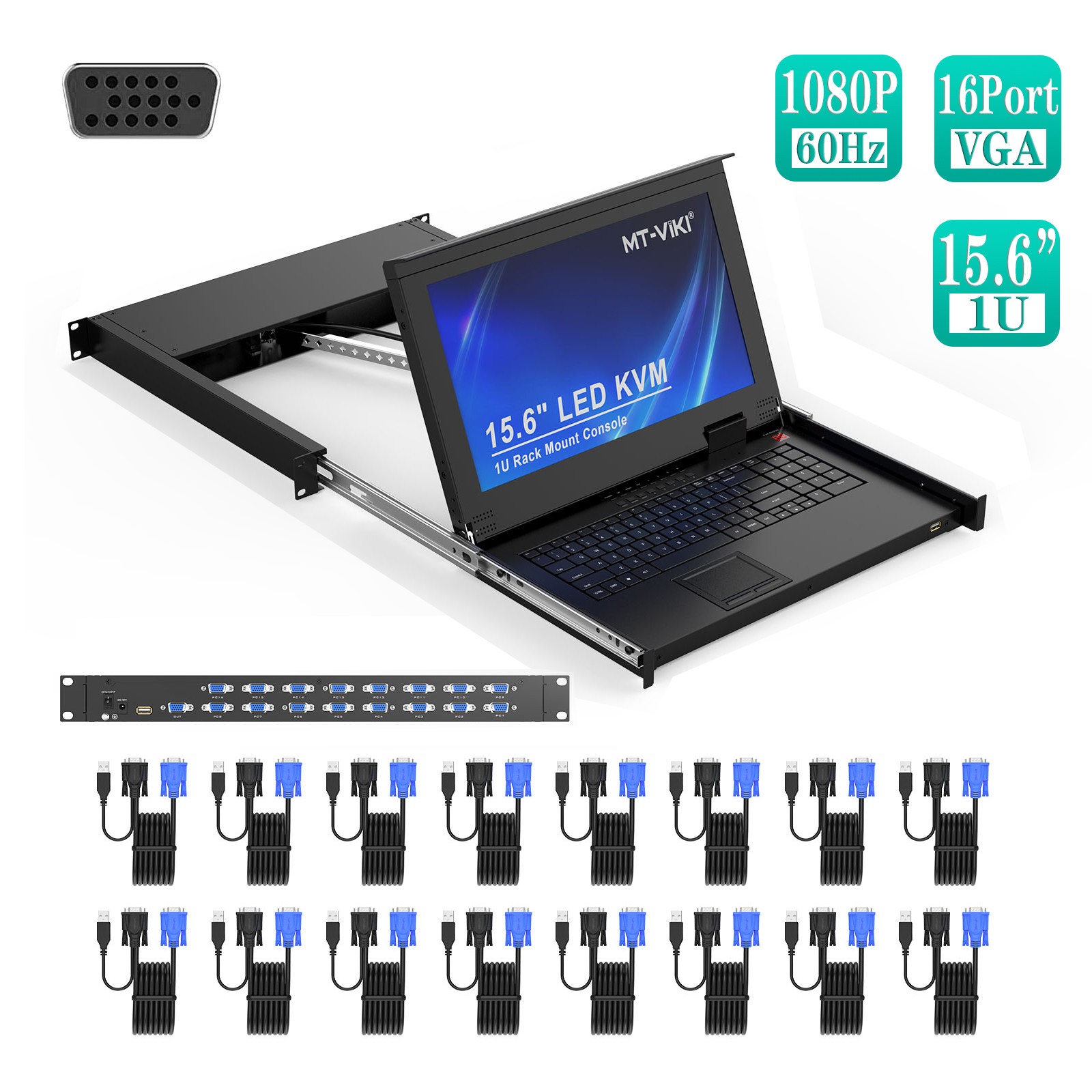 MT-VIKI 16 Port VGA KVM Console 15.6" 1080P 1U Rackmount OSD Hotkey Server Room