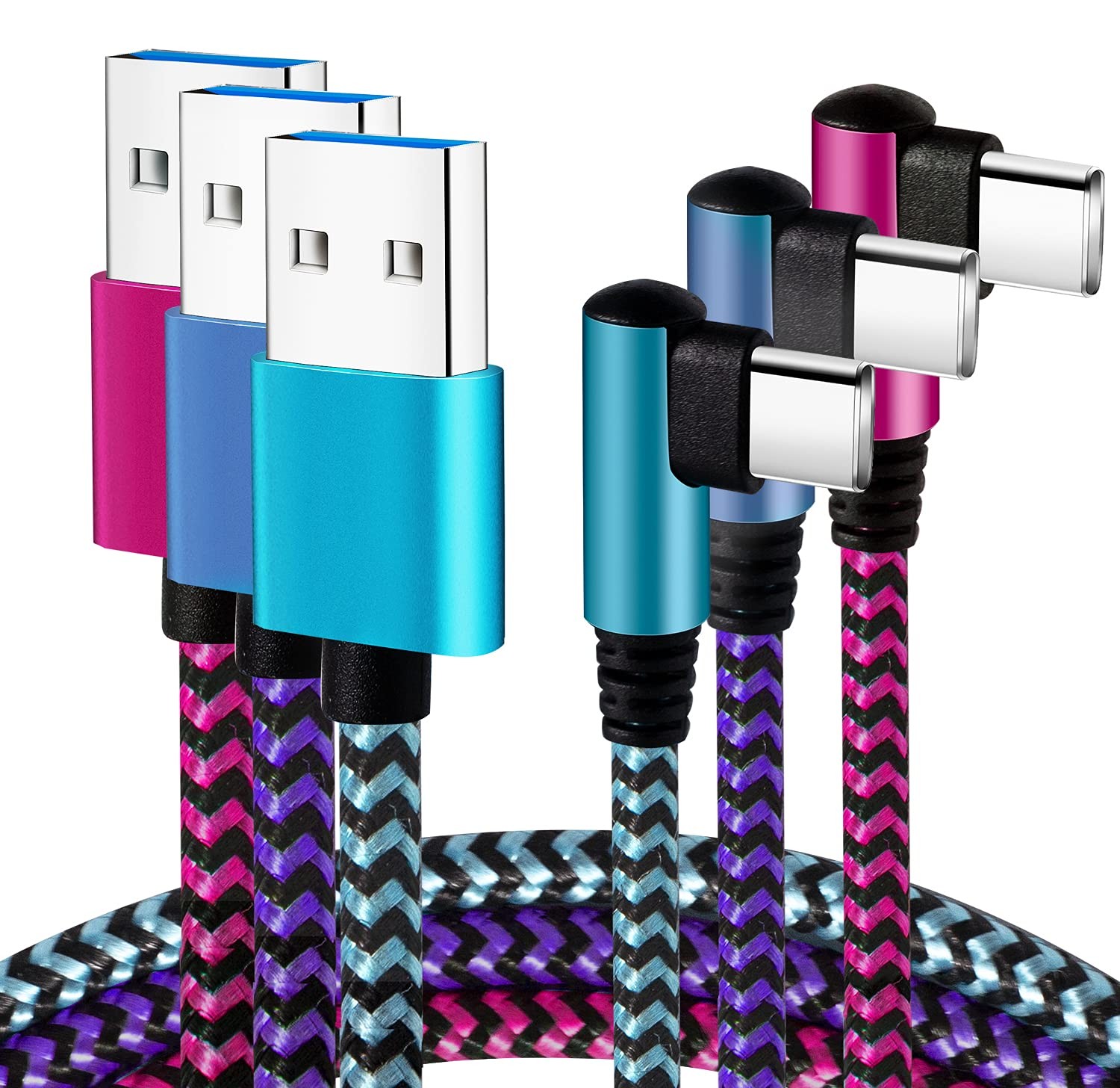 Teeind USB C Cable 6ft 3Pack, 90 Degree Right Angle 6, blue/magenta/purple