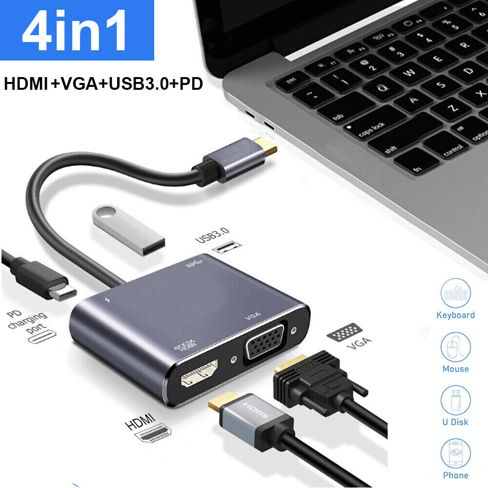4 in 1 Type-C hub USB 3.0 Charging Adapter USB-C to 4K HDMI VGA Display Adapter