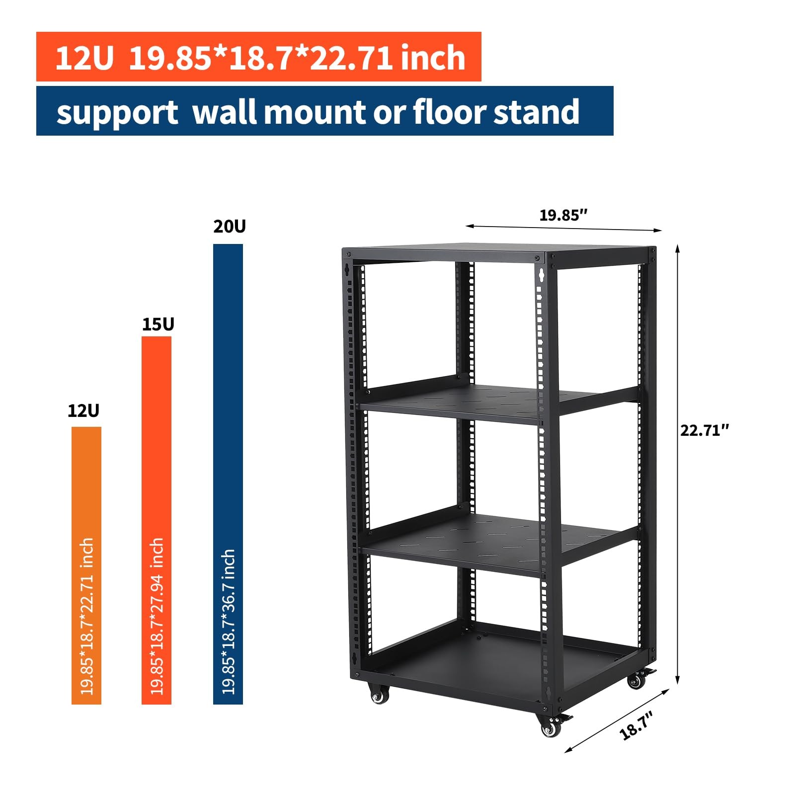 ✨12U 15U 20U Open Frame Server Rack Network Rack with Casters Floor Standing Wal