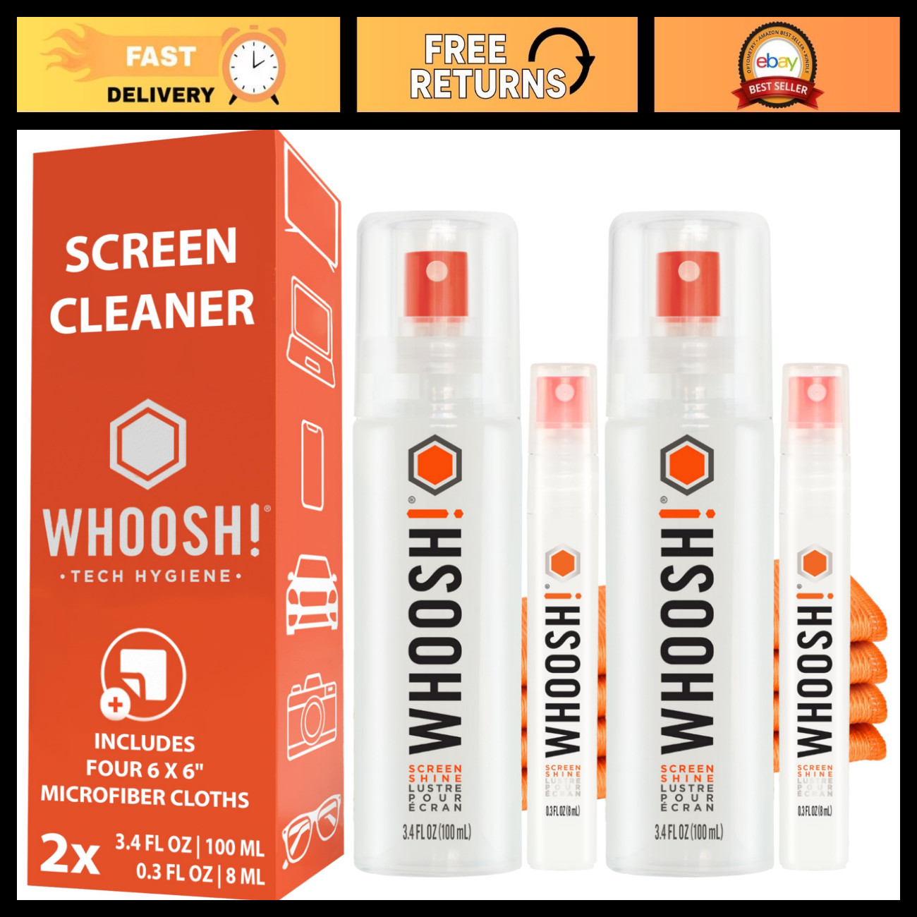 Screen Cleaner Kit - 2 Pack, 3.4oz & 0.3oz, Streak-Free, Anti-Static Solution