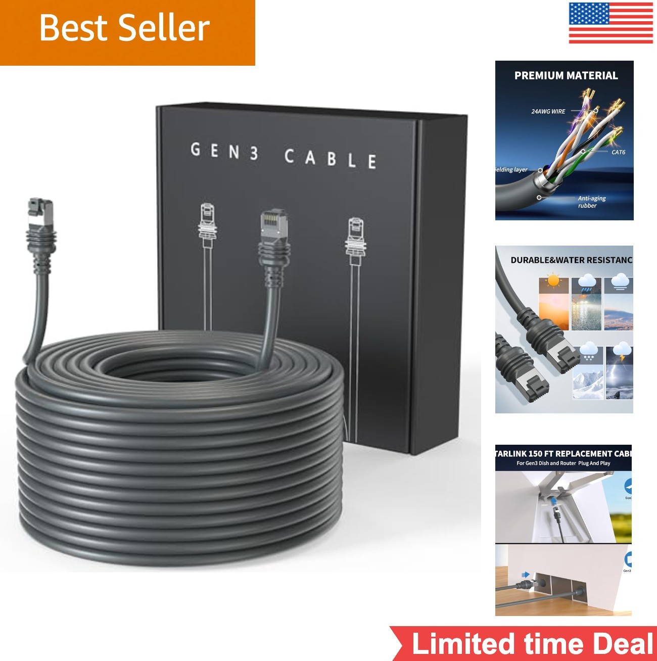 Replacement Starlink Cable 150FT 24AWG RJ45 Coaxial Outdoor Weatherproof