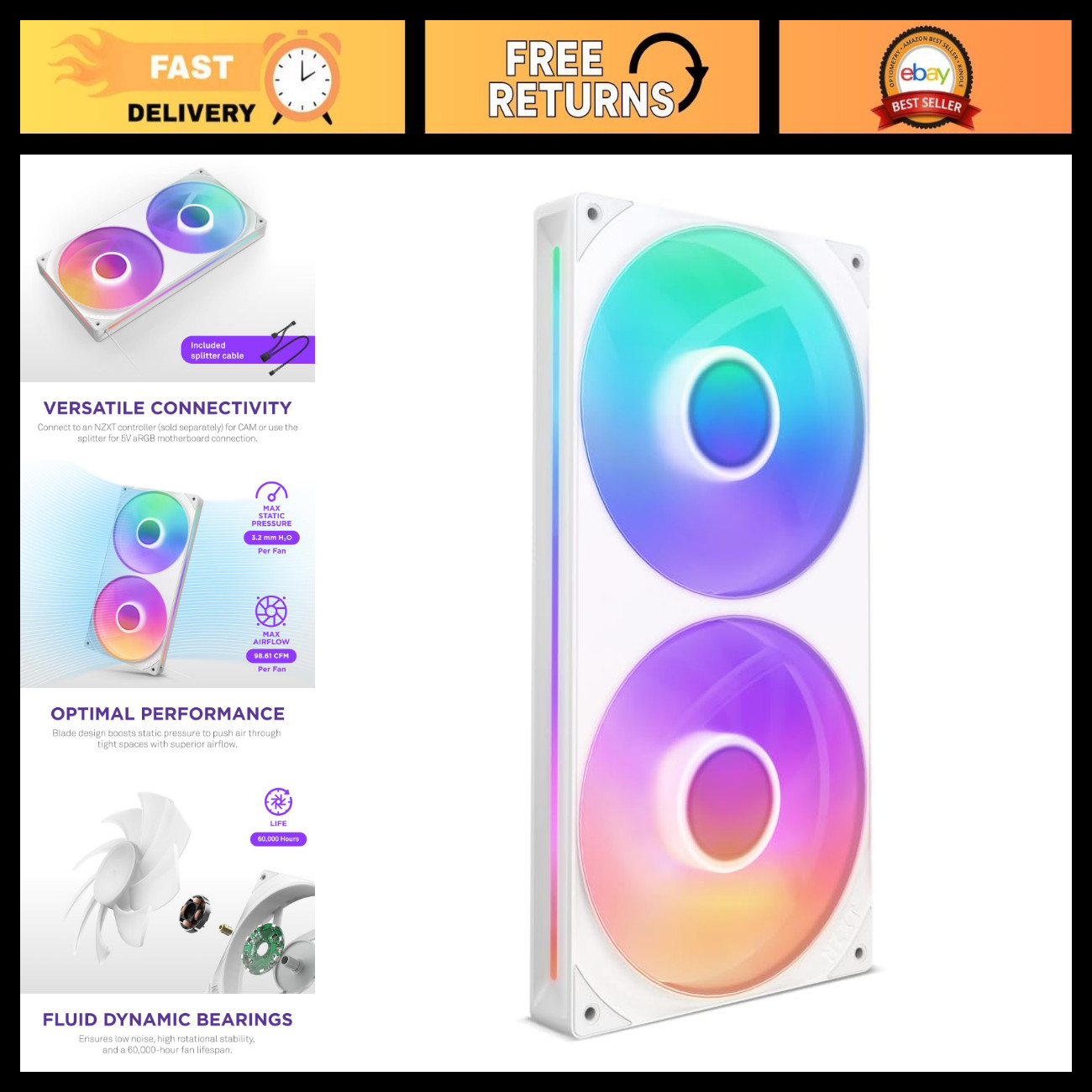 280mm RGB Fan Unit - Single-Frame Cooling System - White LED Lighting, Quiet Ope