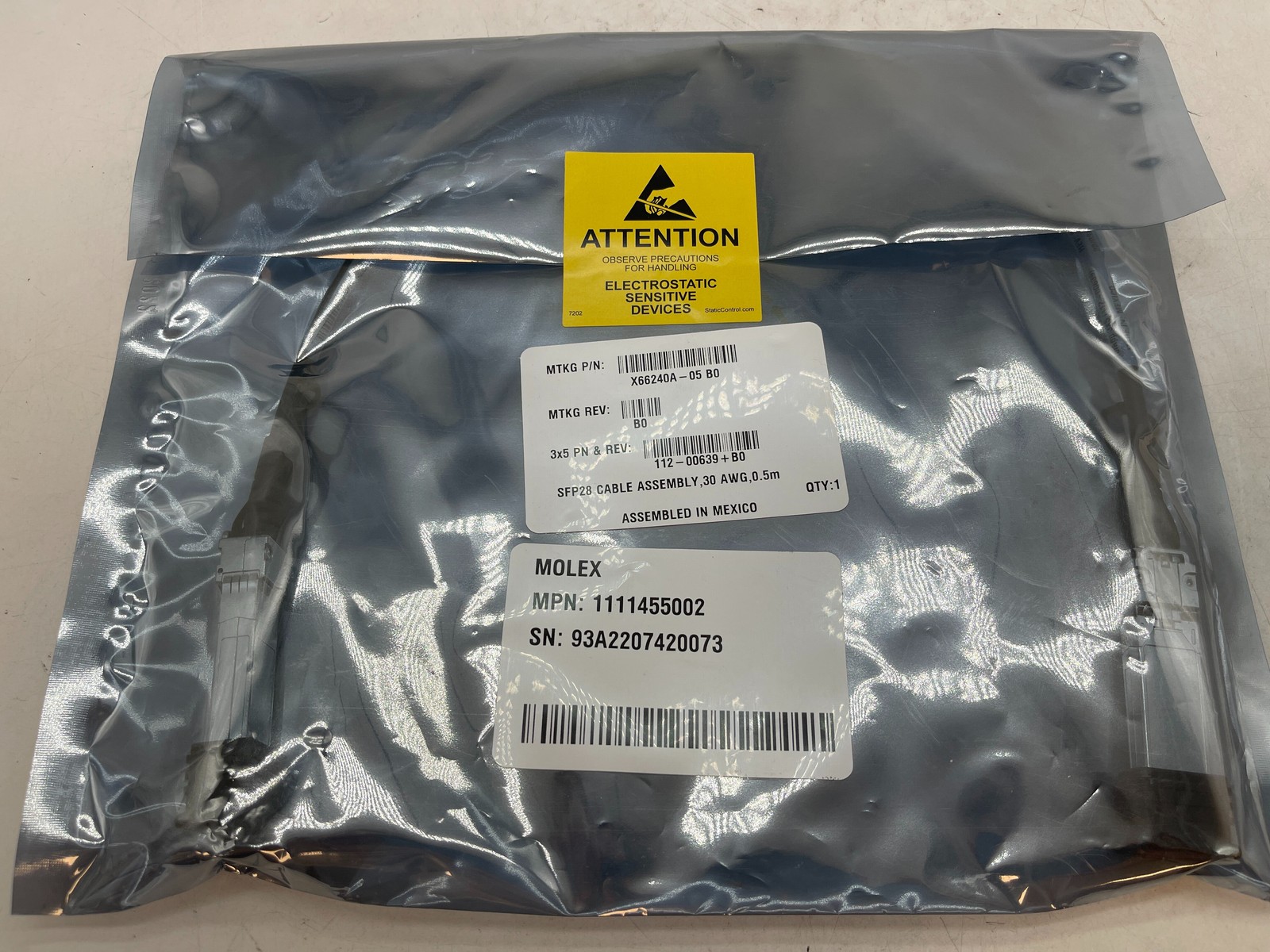 NEW - NetApp Molex 25G SFP28 DAC Cable 0.5m 112-00639 1111455002 - 