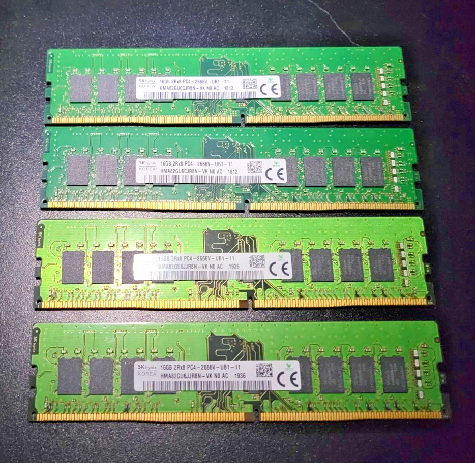 64GB (4x16GB) SK hynix PC4-2666V HMA82GU6CJR8N-VK 16GB UDIMM DDR4 Desktop Memory