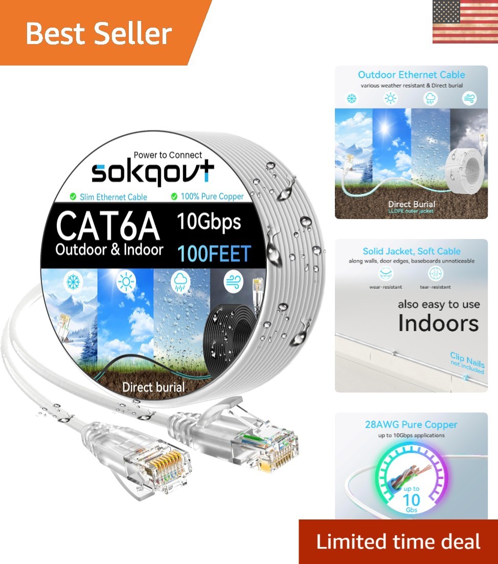 100ft Cat6a Ethernet Cable - Ultra Slim, High Speed, Waterproof for Home/Office