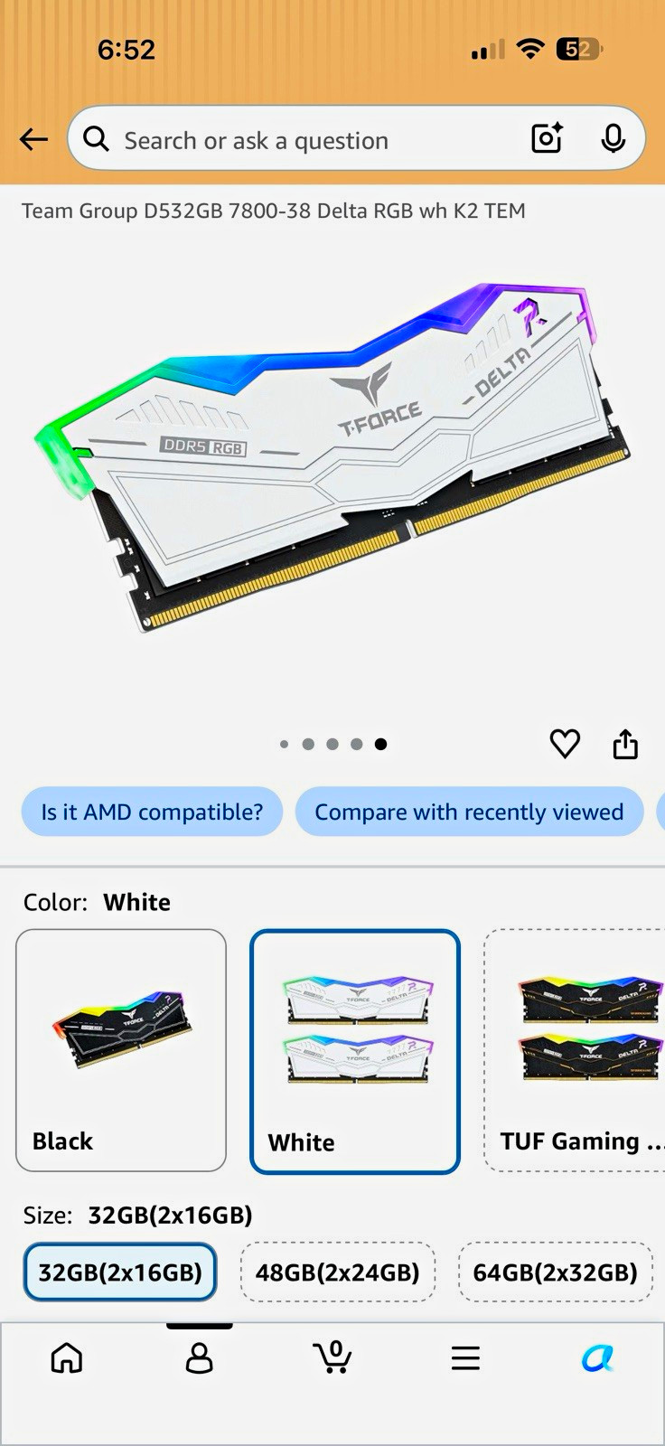 Team Group T-FORCE Delta RGB DDR5 32GB (2x16GB) 7800 DIMM White