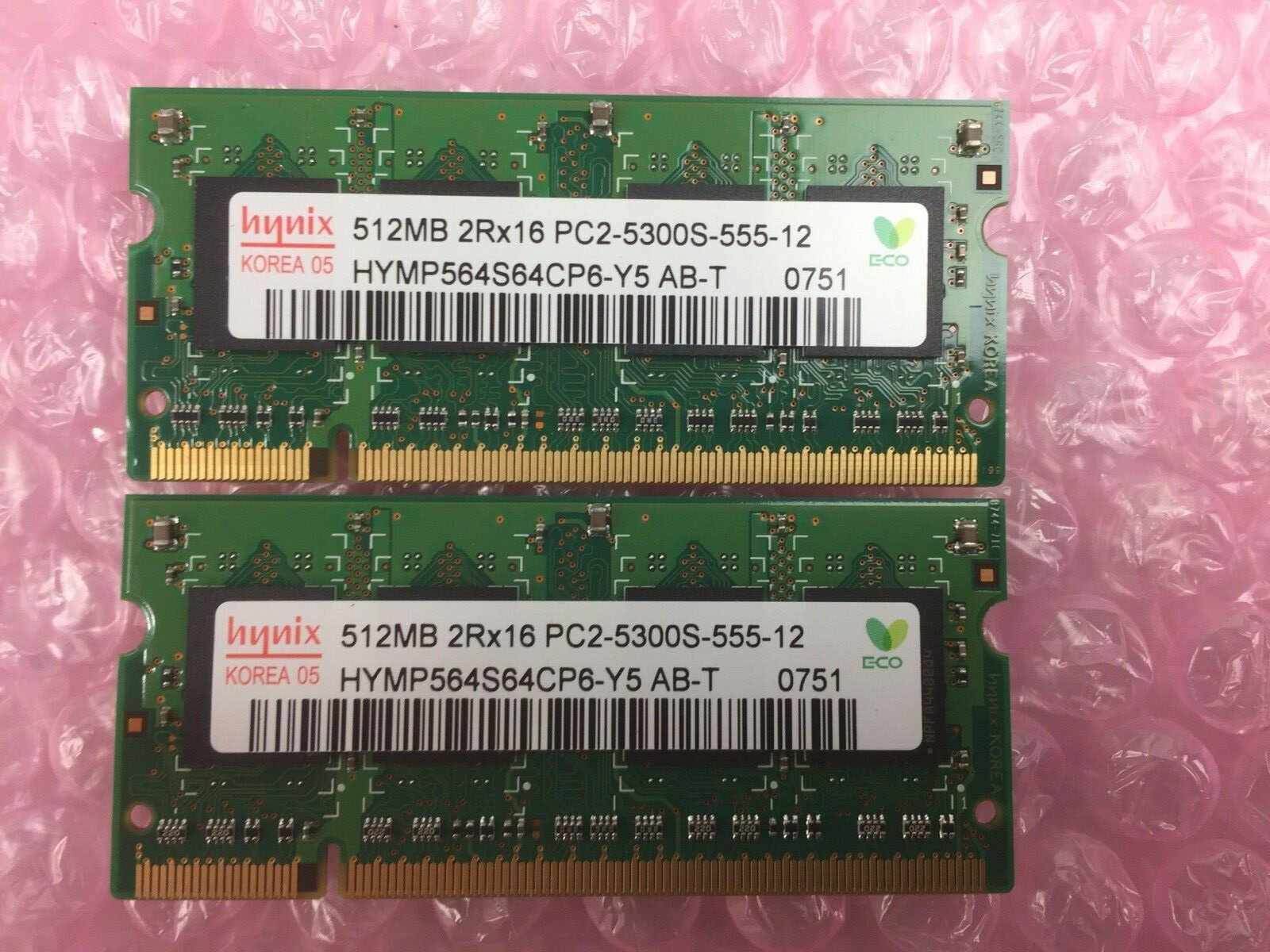 Lot of 2 Hynix 512MB 2Rx16 PC2-5300S-555-12 HYMP564S64CP6-Y5 AB-T 0751