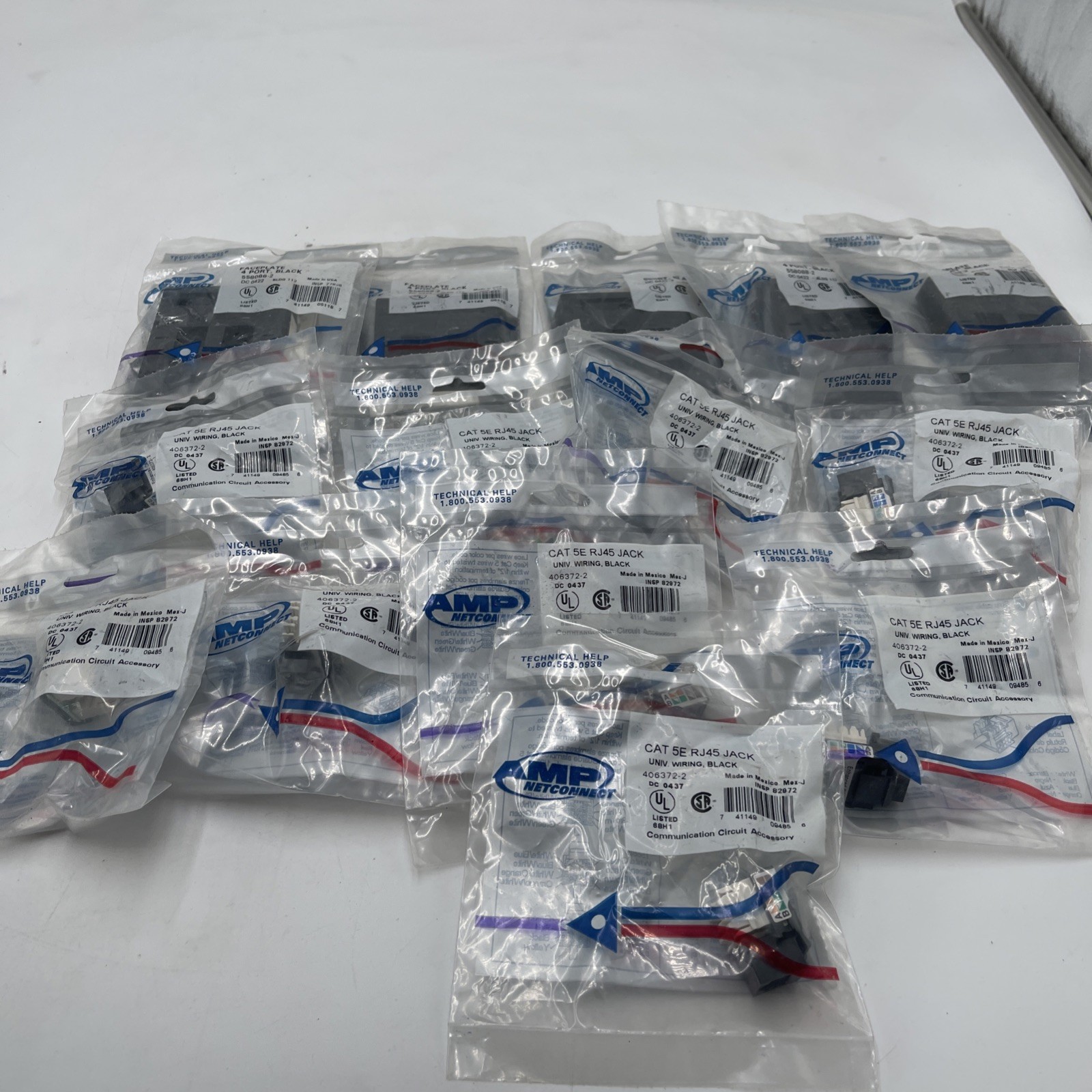 AMP NETCONNECT LOT 5-Black 4 Port 1 Gang Face Plates & 9-CAT 5 RJ45 Jacks
