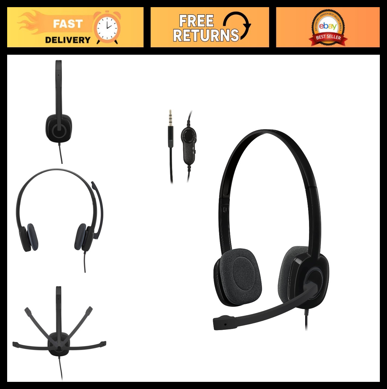 Wired Stereo Headset with Noise-Cancelling Mic, 3.5mm Audio Jack, In-Line Contro