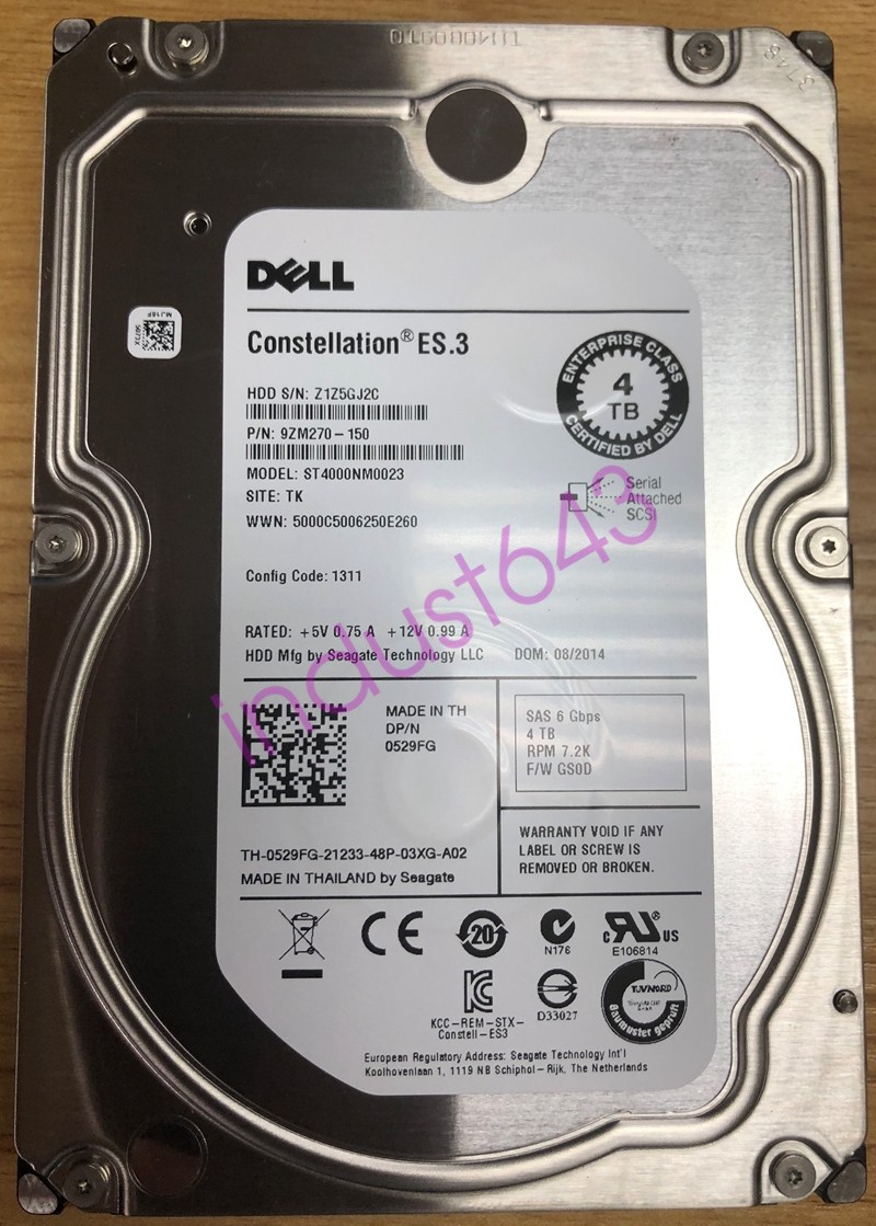 ST4000NM0023 Dell 529FG 4TB 7200RPM 6Gb/s 7.2K 3.5" SAS Hard Drive 0529FG
