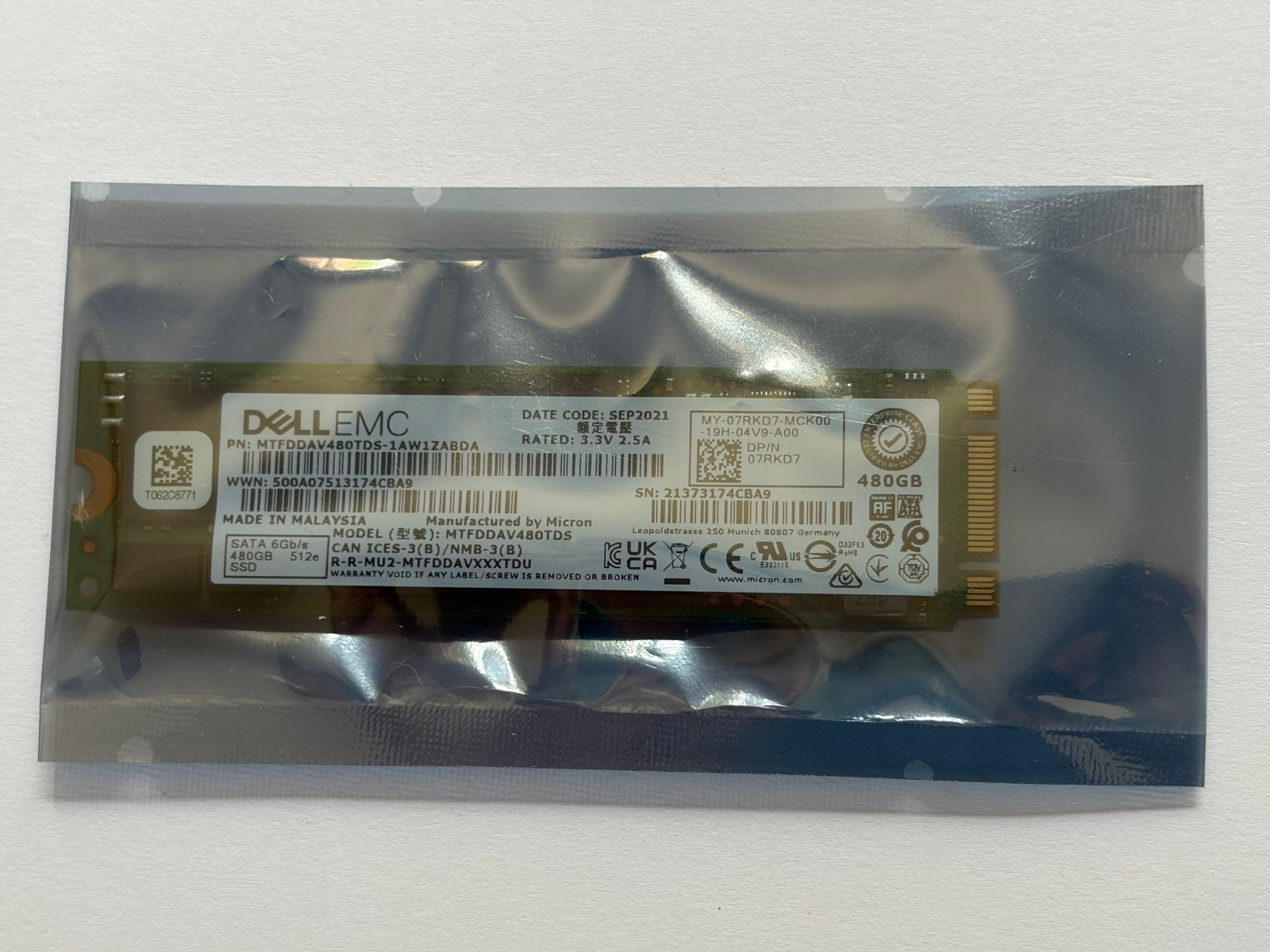 Dell EMC 07RKD7 480GB BOSS Card SATA SSD M.2 2280 6Gb/s MTFDDAV480TDS-1AW1ZBDA