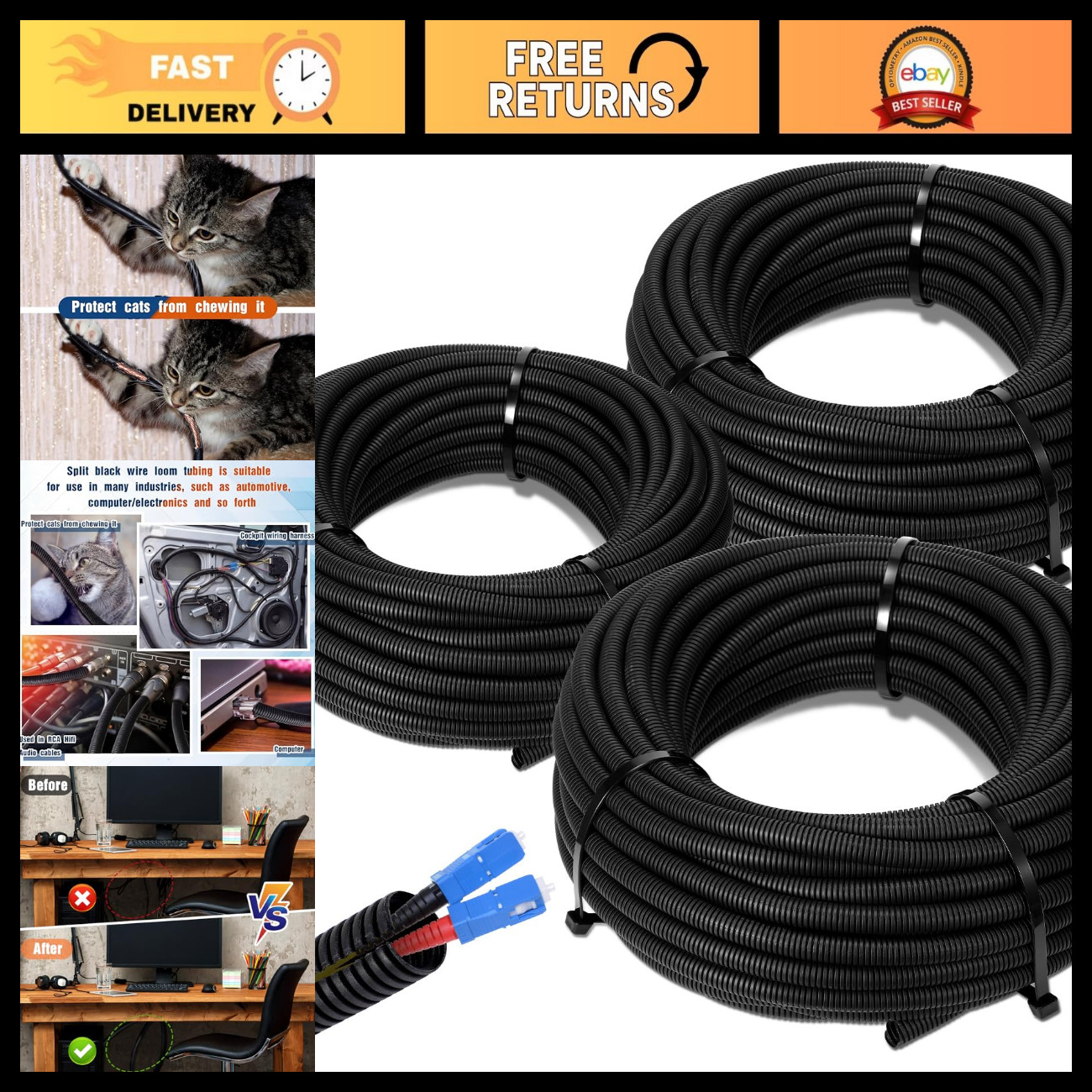 50ft Split Wire Loom Tubing - 1/4", 1/2", 3/8" Cord Protector, Cable Management