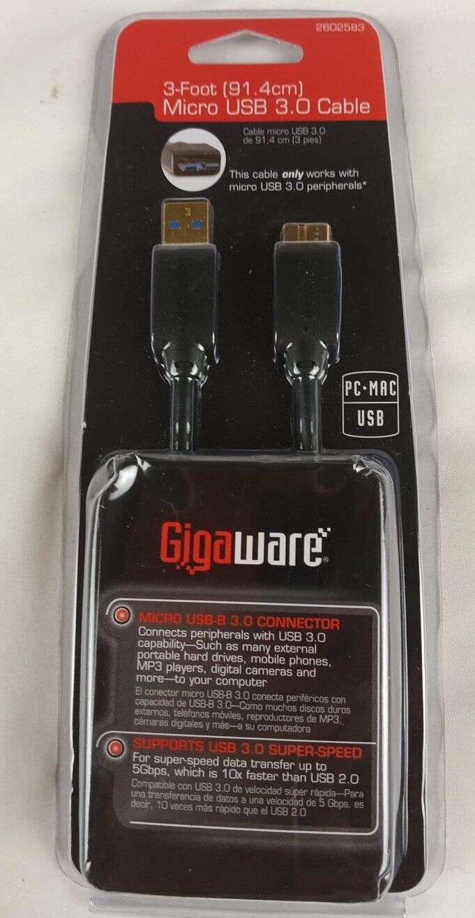 *NEW* GIGAWARE 3-FOOT(91.4CM) MICRO USB 3.0 CABLE PC-MAC-2602583
