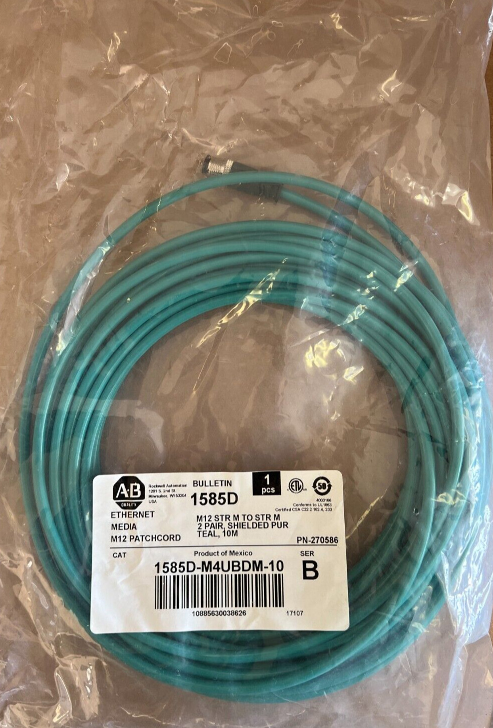 ALLEN BRADLEY, 1585D-M4UBDM-10, B,ETHERNET MEDIA,M12 PATCHCORD CABLE, MAKE OFFER