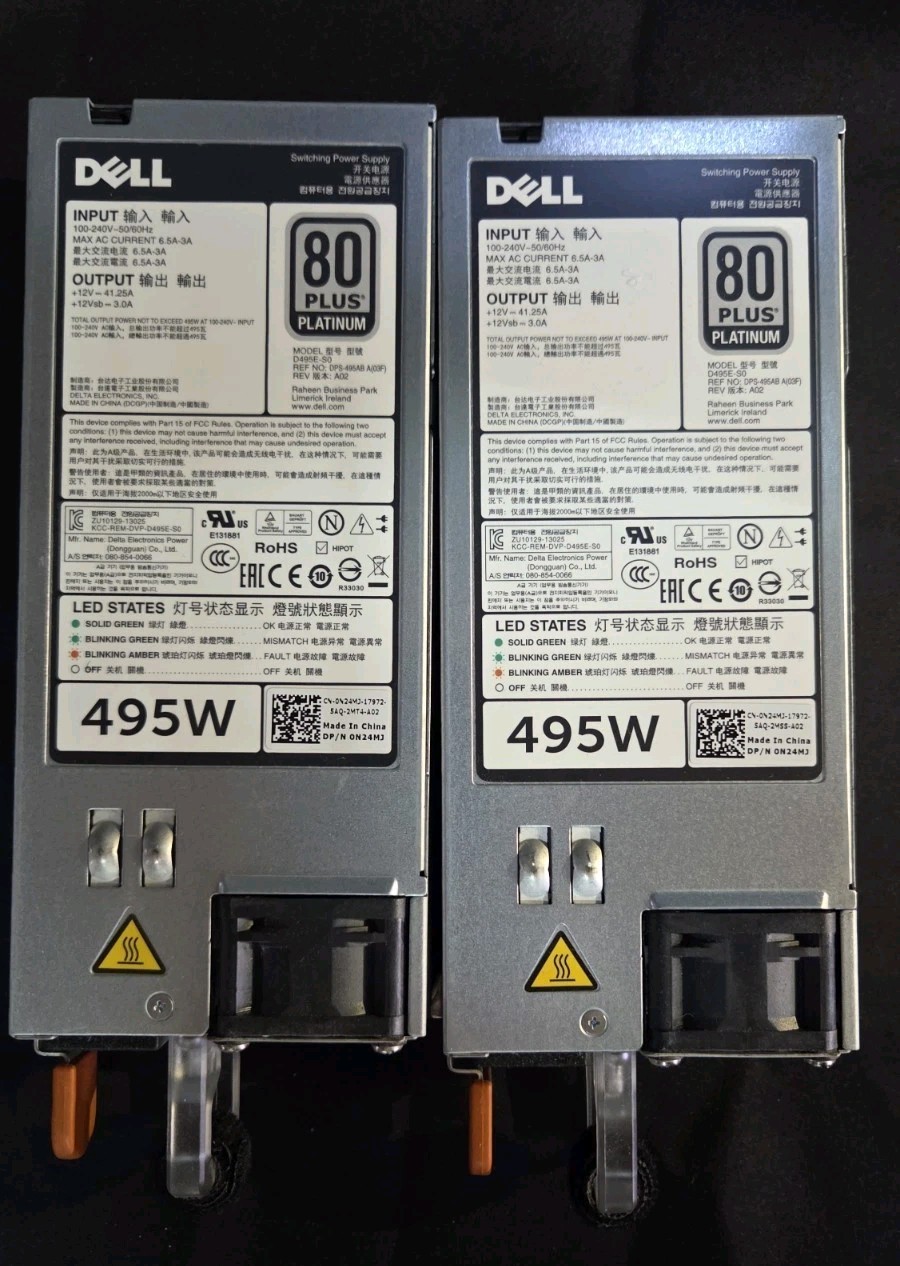 Lot Of 2 Dell 0N24MJ 80 Plus Platinum D495E-S0 495W Server Power Supplies