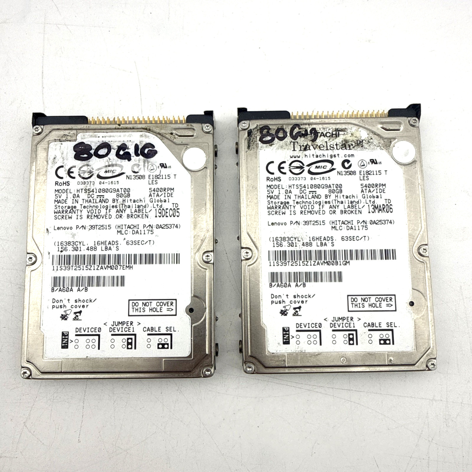 Hitachi HTS541080G9AT00 80GB 2.5 IDE Laptop Hard Drive Lot of 2 Lenovo 39T2515
