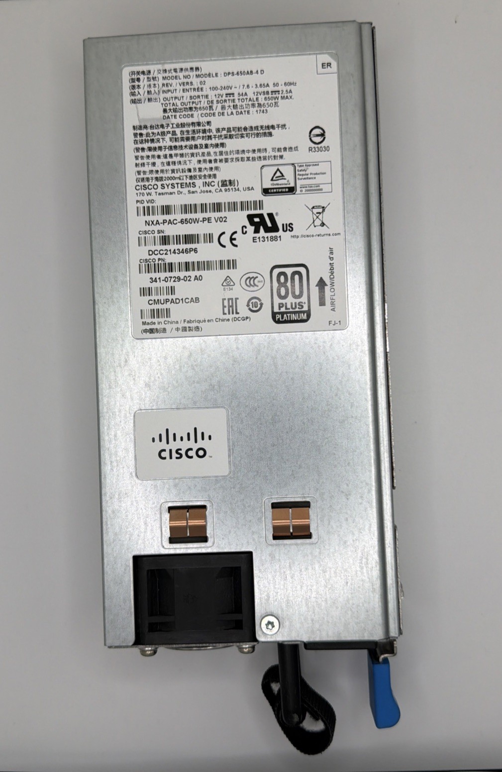 Cisco Nexus NXA-PAC-650W-PE 650W AC Power Supply Port Side Exhaust 341-0729-02