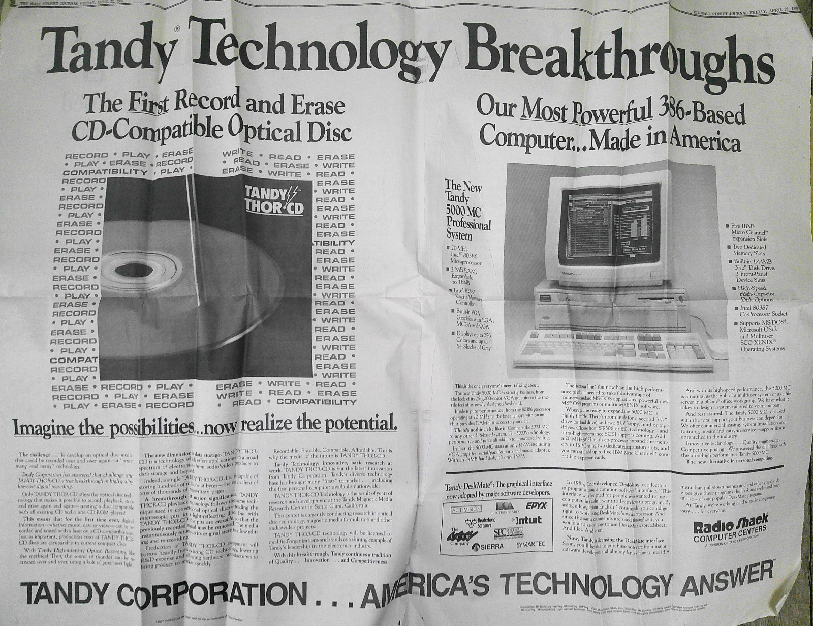 Tandy THOR-CD giant ad in The Wall Street Journal, April 22, 1988. [Vaporware]