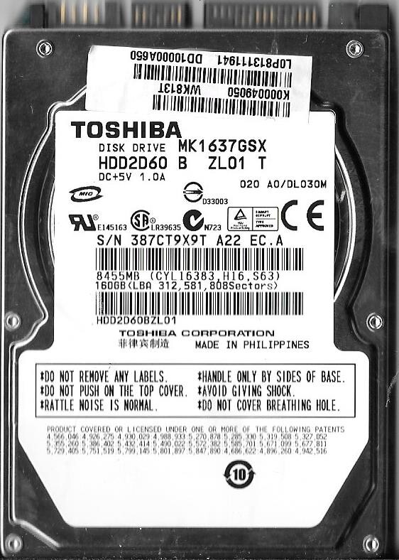 Toshiba MK1637GSX HDD2D60 B ZL01 T 160GB Sata Hard Drive