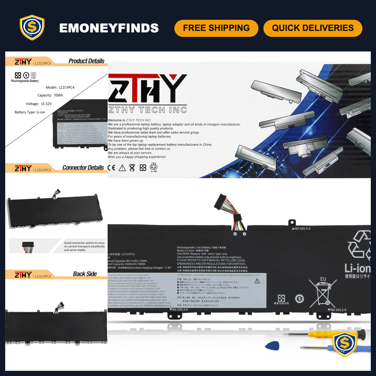 Laptop Battery Replacement for Slim 7 ProX-14IAH7, High Capacity, Long Life