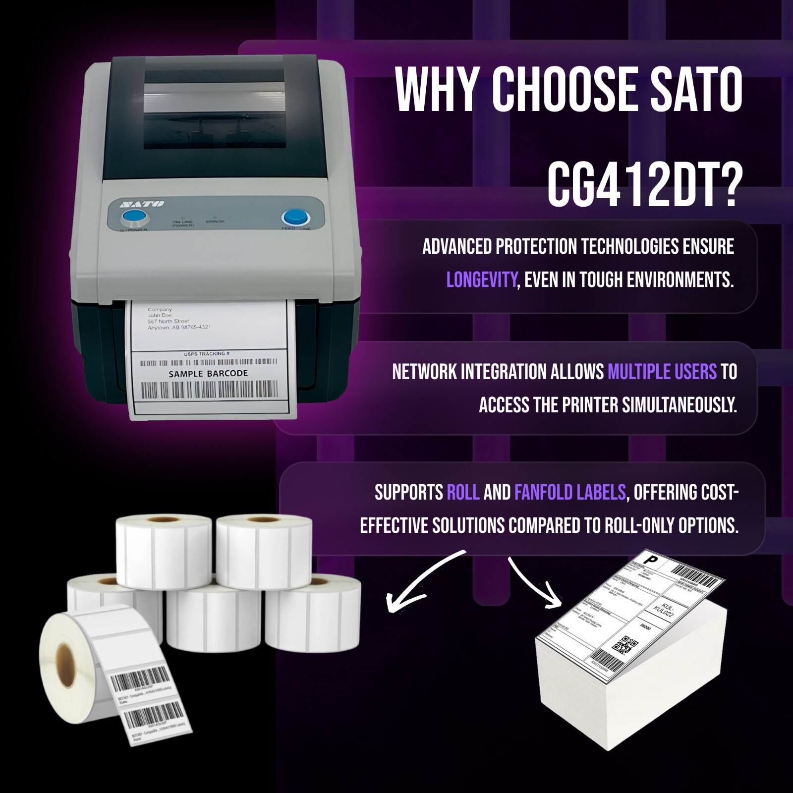 FULLY TESTED SATO CG412DT-LAN Thermal 4x6 Label Printer for Inventory Management