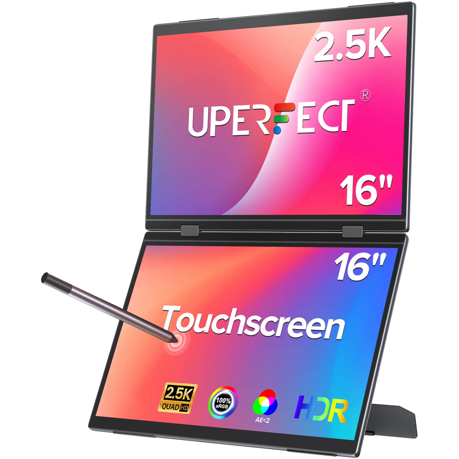 UPERFECT 16 Inch 2.5K Dual Monitor with Touch Pen 2560*1600 Auto Rotate Display